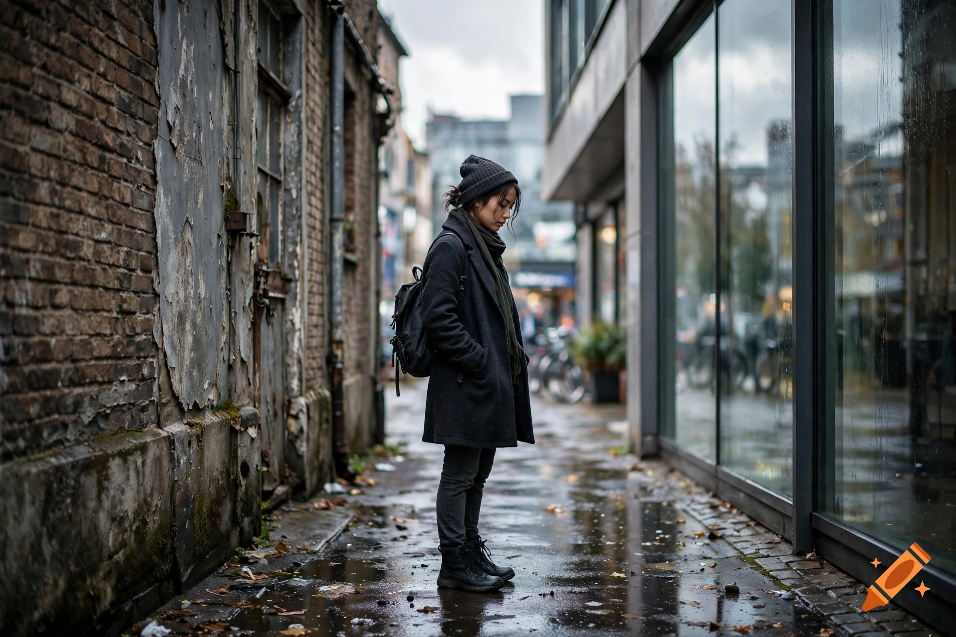 A young woman wearing a beanie, dark coat, and backpack standing on a wet city sidewalk next to a building and large windows.
