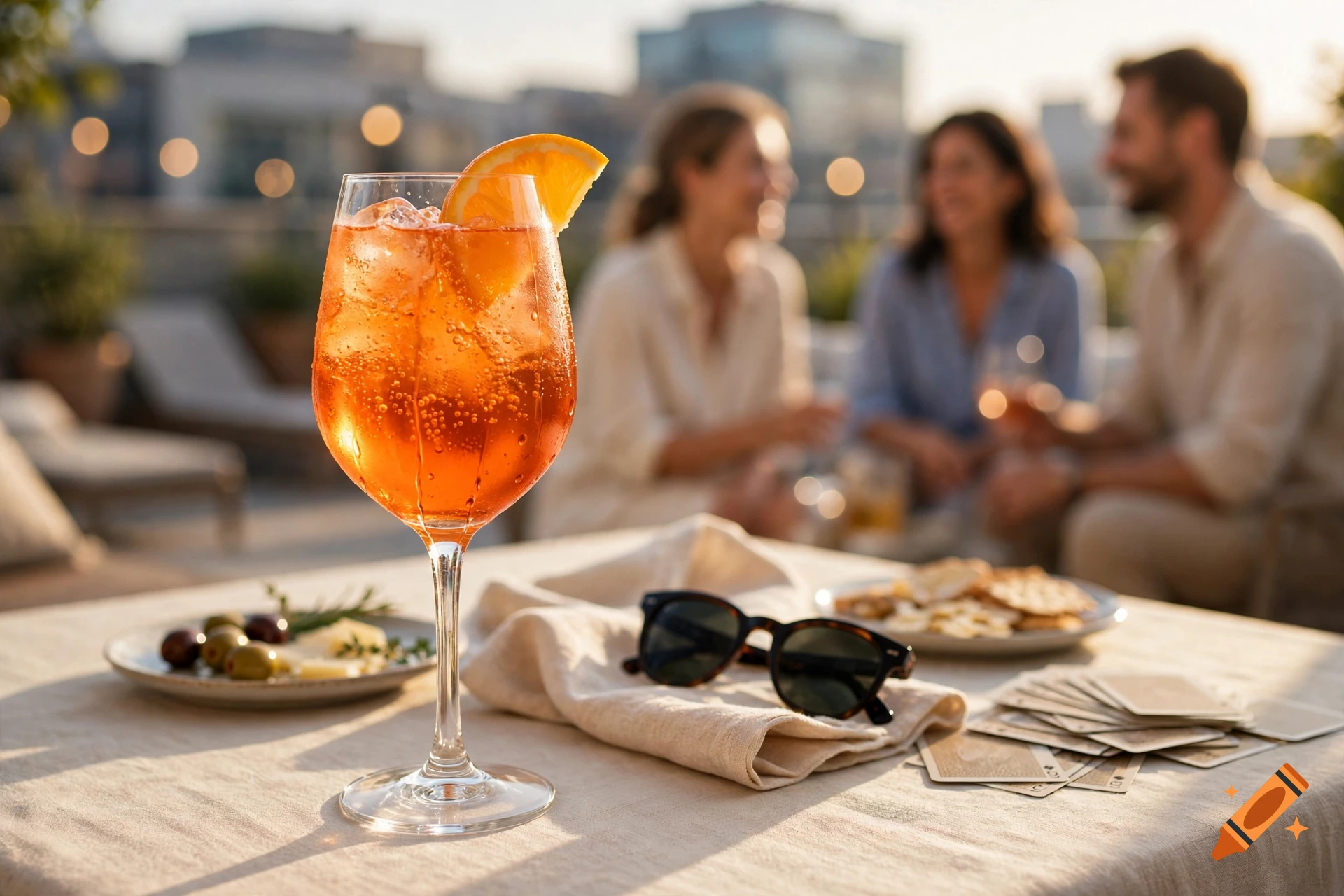Photorealistic close-up of an Aperol Spritz in a wine glass on an outdoor table, with sunglasses, cards, and people blurred in the background at sunset.
