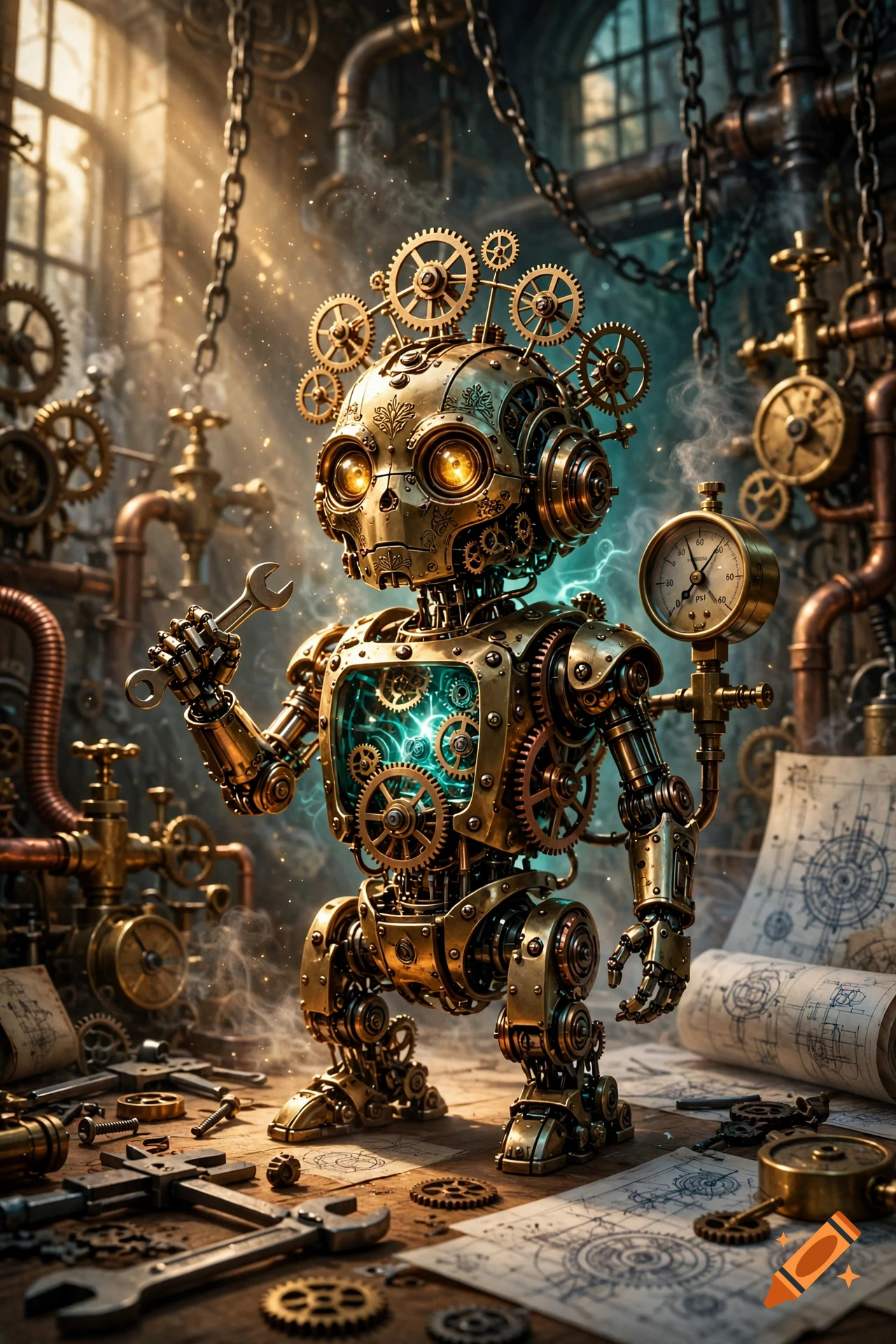 Detailed steampunk autognome robot made of brass and gears standing in a workshop with blueprints and tools.