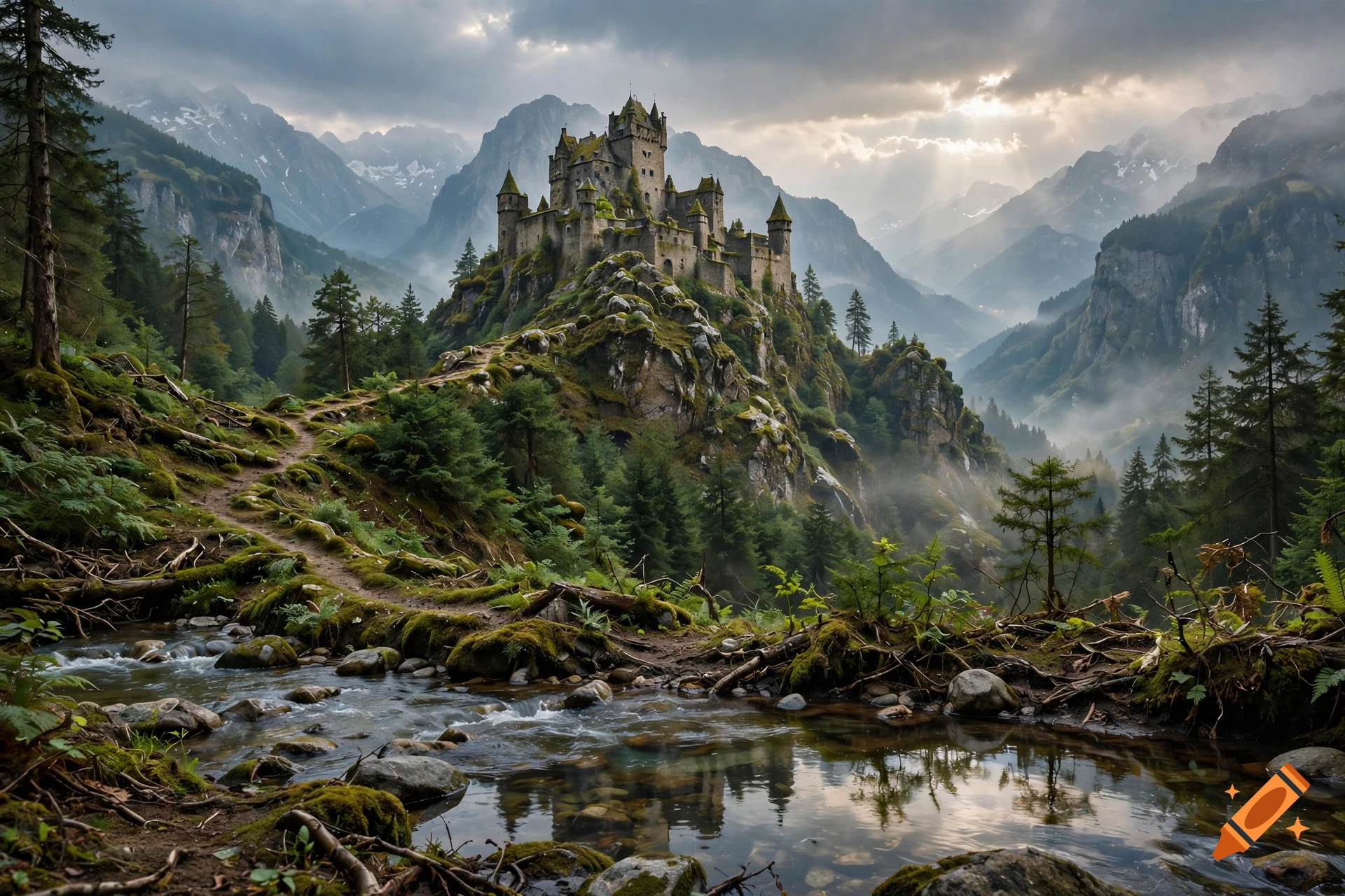 Photorealistic fantasy landscape featuring a grand medieval castle perched on a rocky mountain surrounded by forests, mountains, and a river.