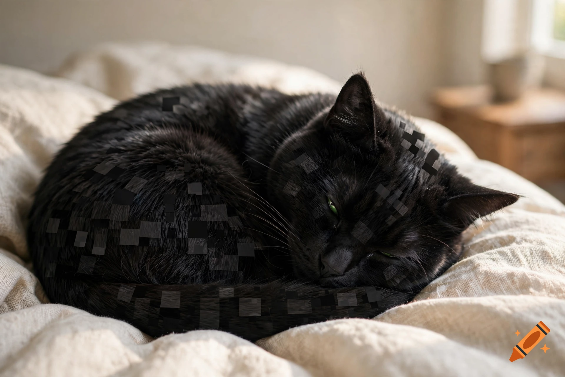A photorealistic black cat with green eyes curled up asleep on a beige bed, featuring Minecraft-style pixel texture patterns.
