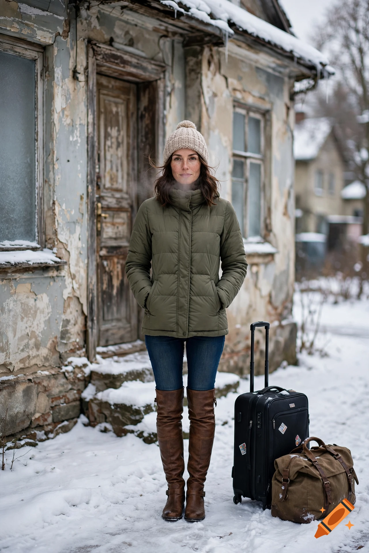 Photorealistic portrait of a young woman in winter clothing standing on a snowy sidewalk in front of an old house with luggage.