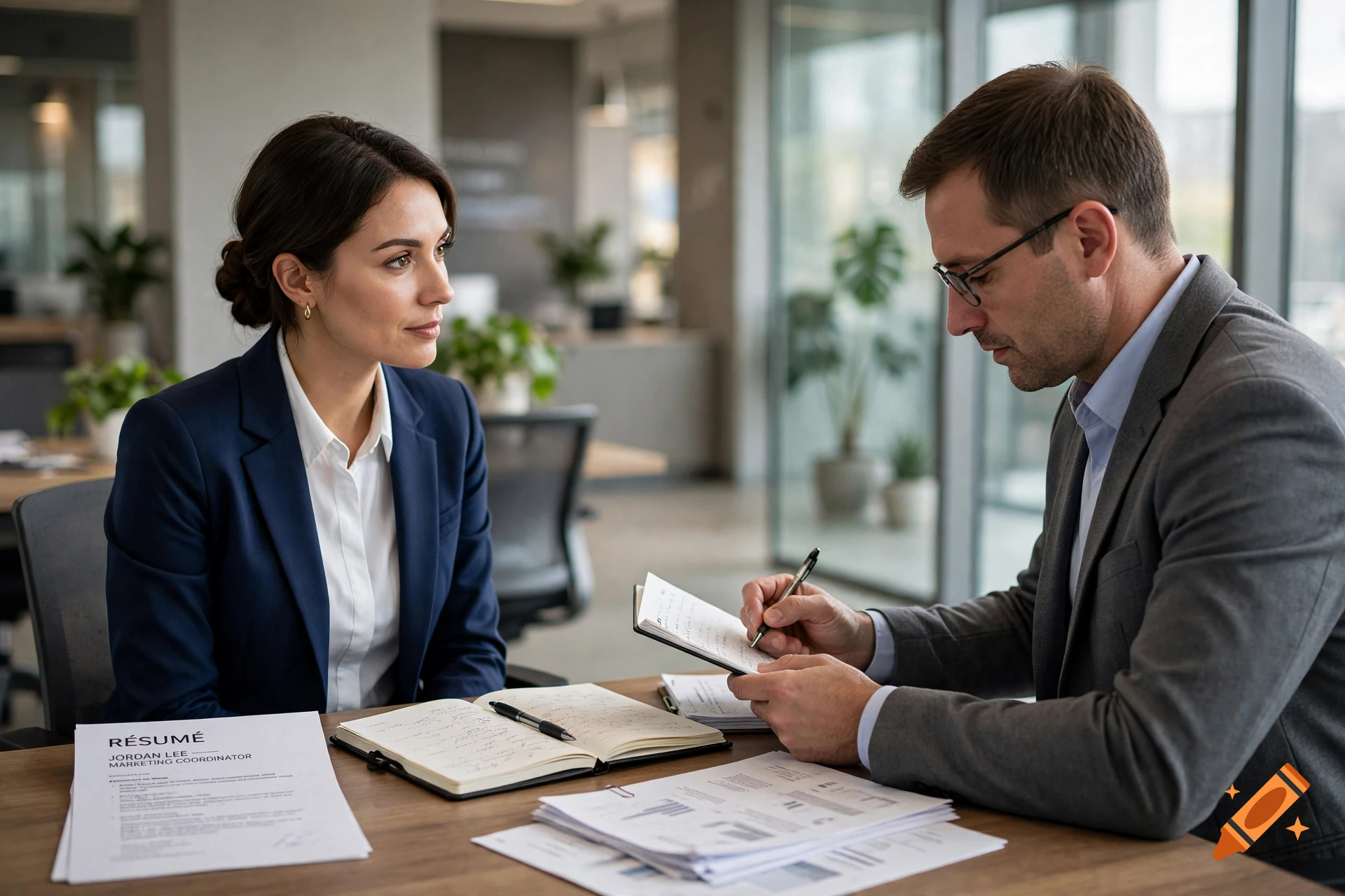 Photorealistic image of a woman and a man in a modern office during a job interview.