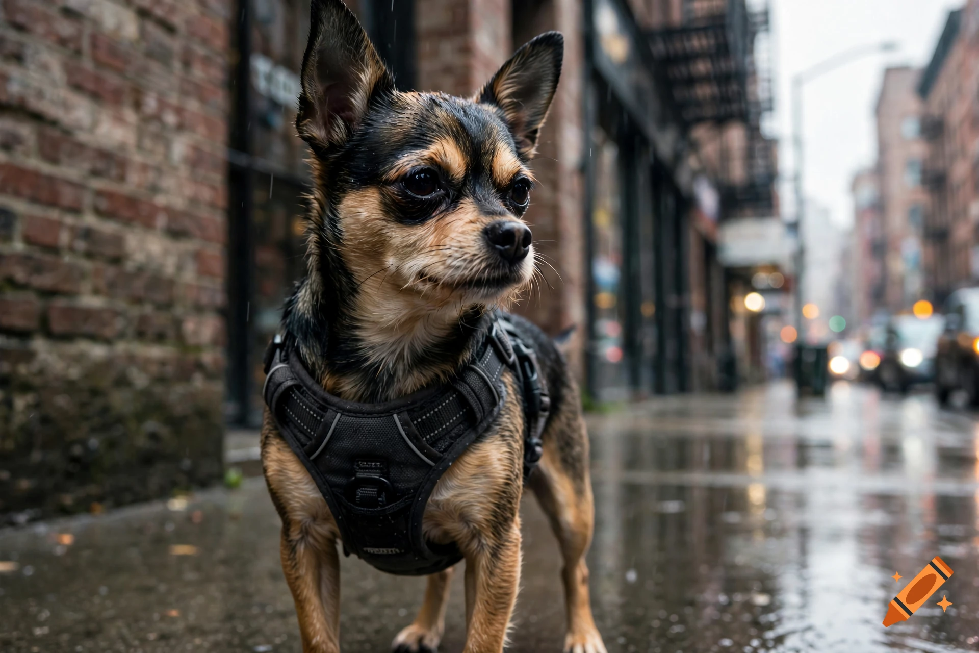 Photorealistic close-up of a wet chihuahua-terrier mix wearing a harness standing on a rainy city sidewalk.