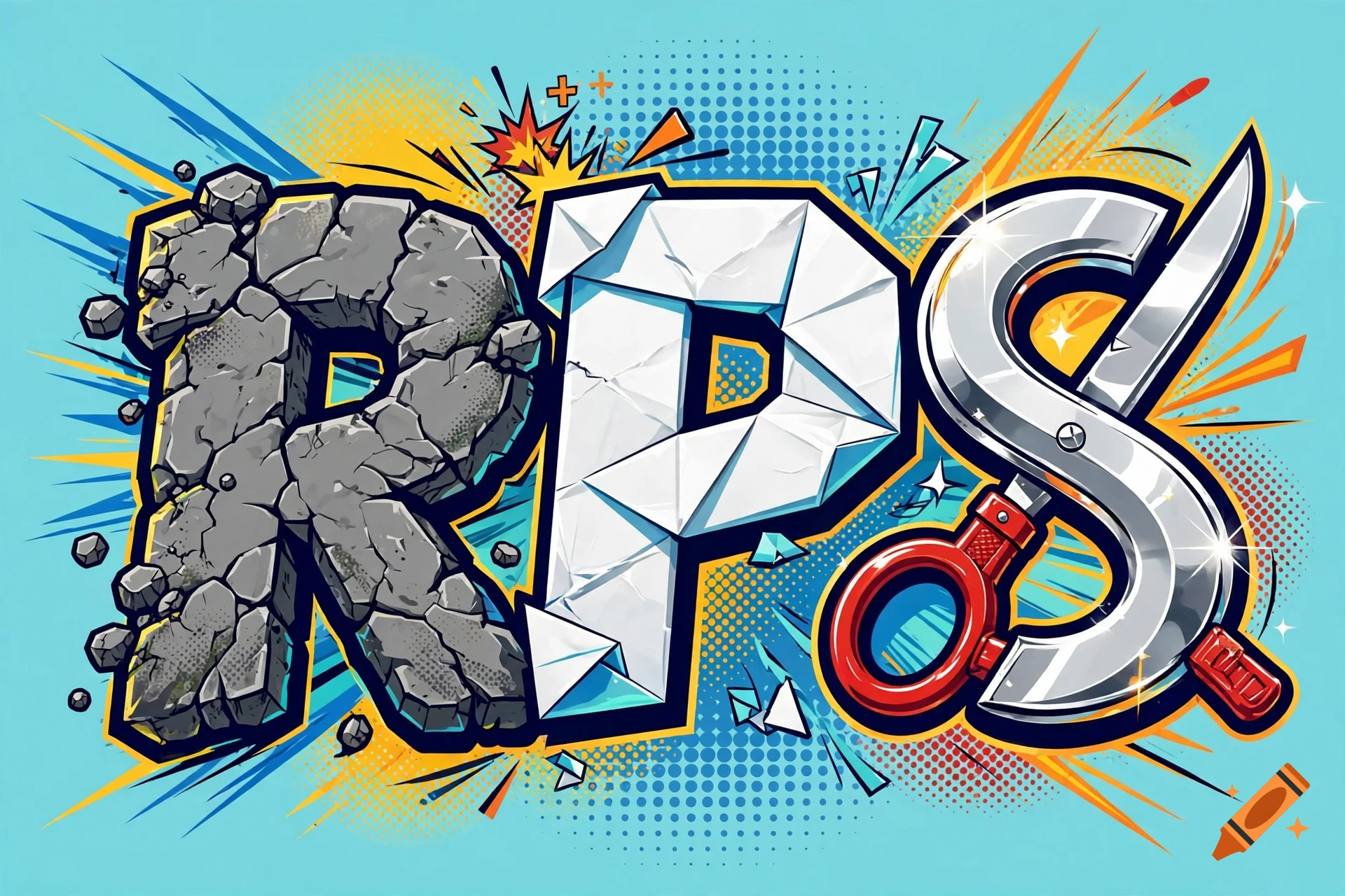 Colorful pop art style logo with the text 'RPS', featuring stone texture for 'R', crystalline for 'P', and a scissors motif for 'S'.