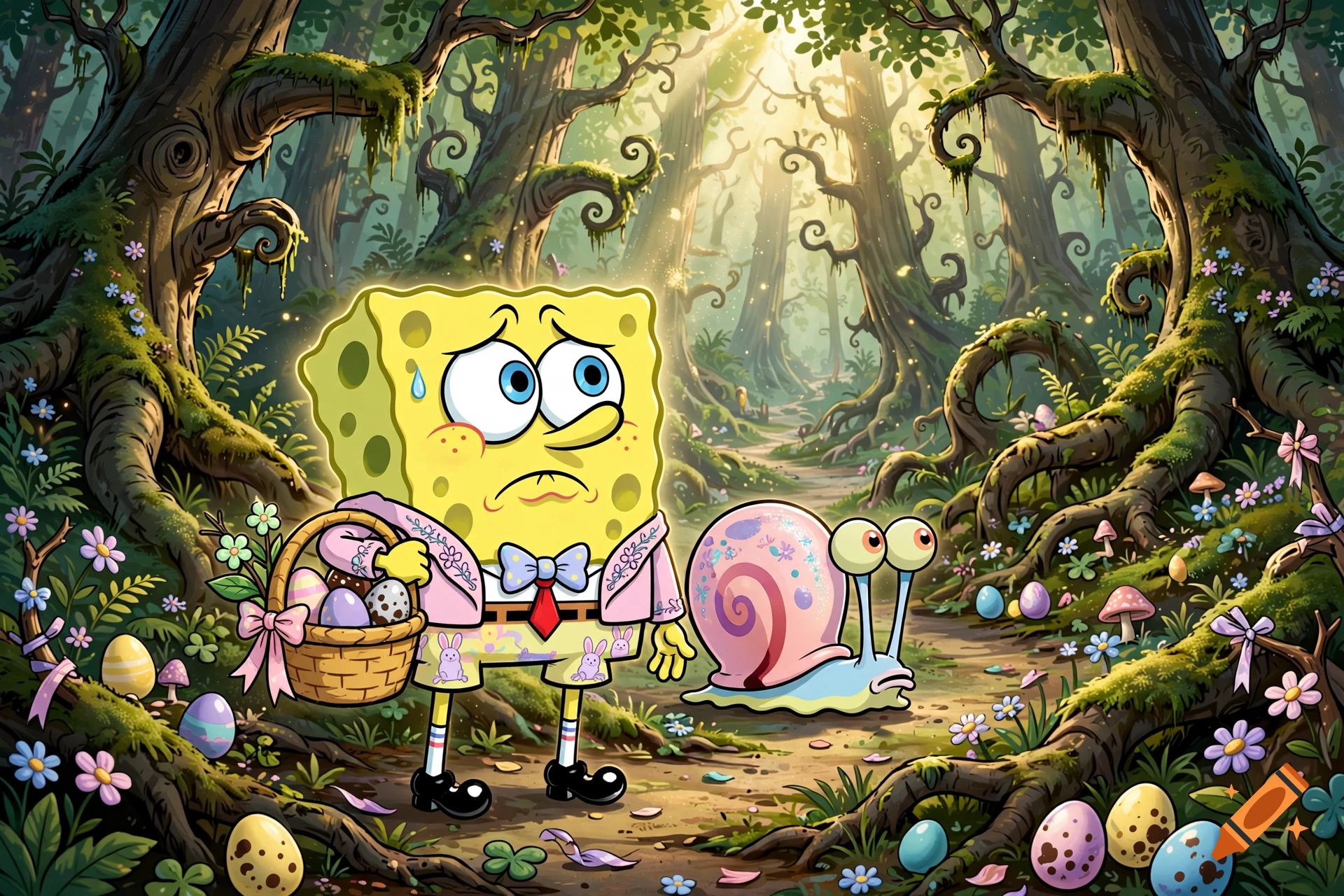 SpongeBob SquarePants and Gary the Snail holding an Easter basket, lost in an enchanted forest, digital cartoon illustration.