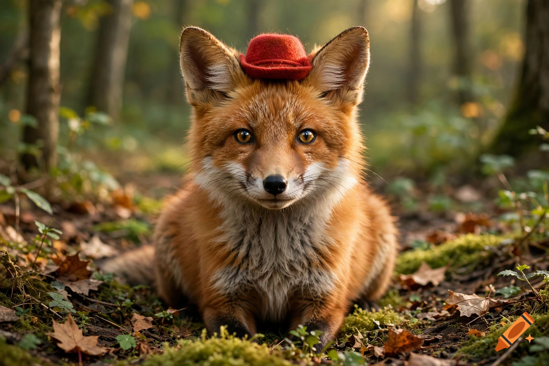 Photorealistic close-up of a cute red fox wearing a tiny red hat, sitting on moss and leaves in a forest.