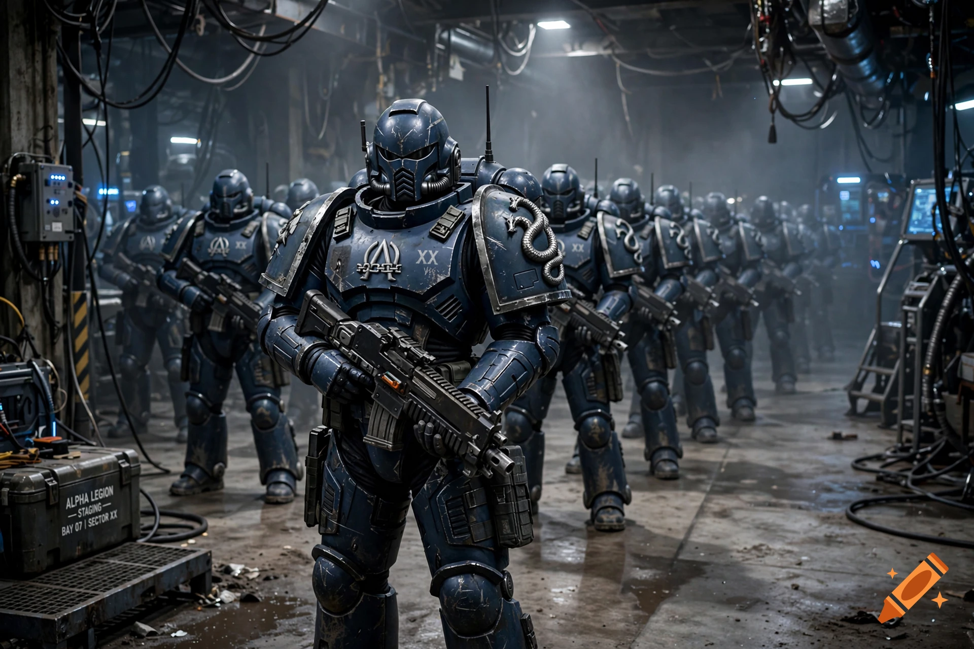 Photorealistic image of a squad of futuristic blue space marines in armor standing inside a dark industrial facility.