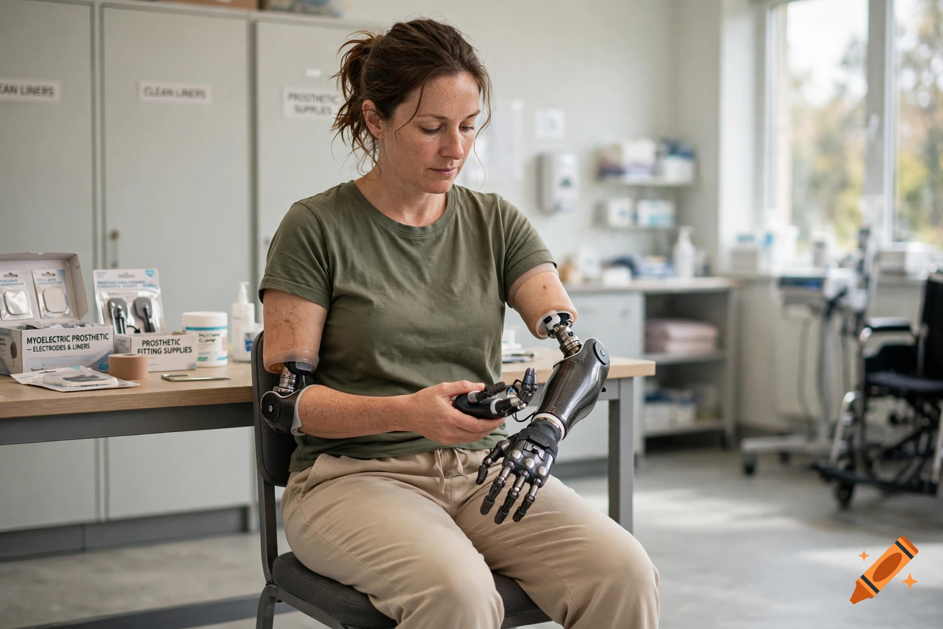 A woman with bilateral upper arm amputations attaching myoelectric arm prostheses in a medical clinic.