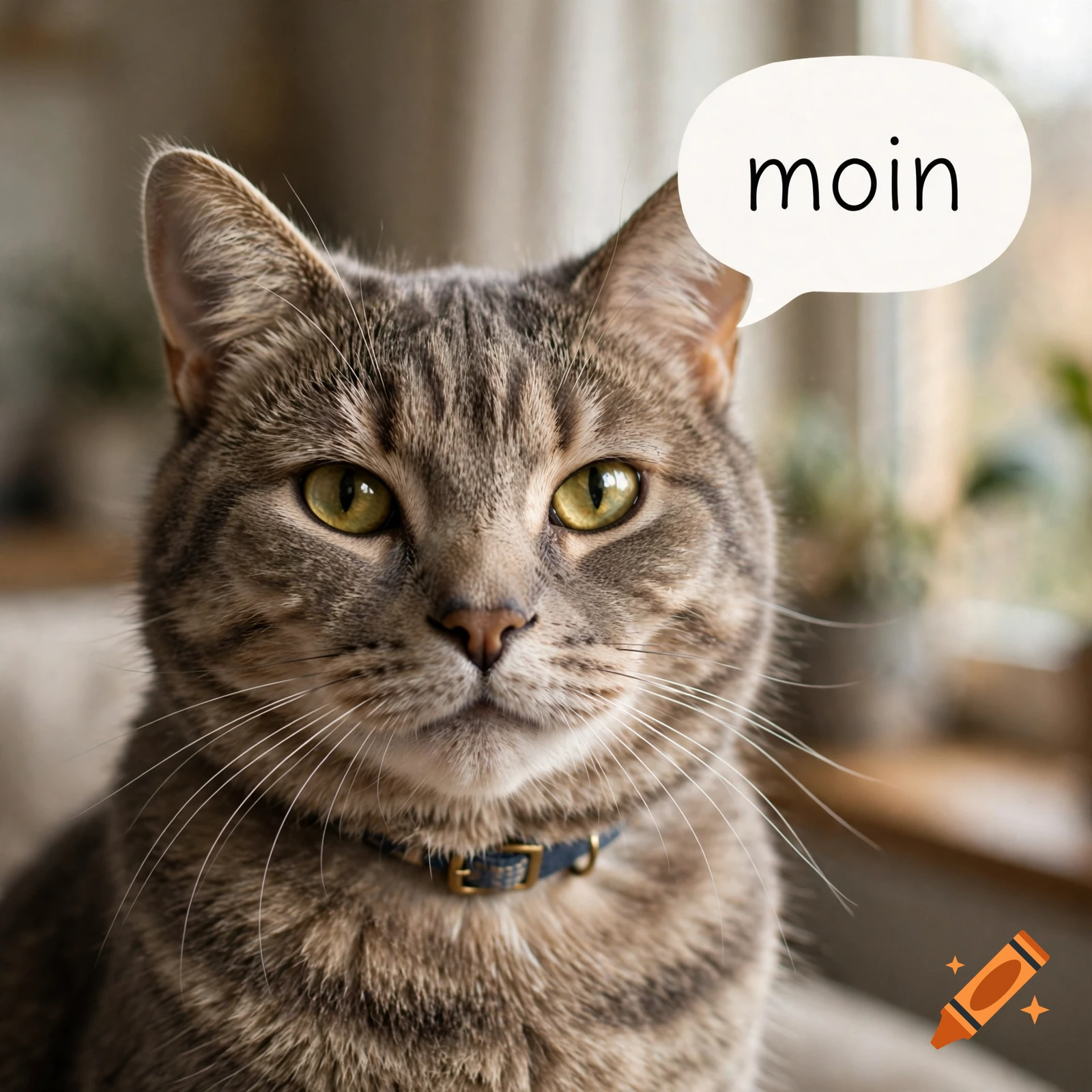 Close-up photorealistic portrait of a tabby cat wearing a blue collar with a speech bubble reading 'moin'.
