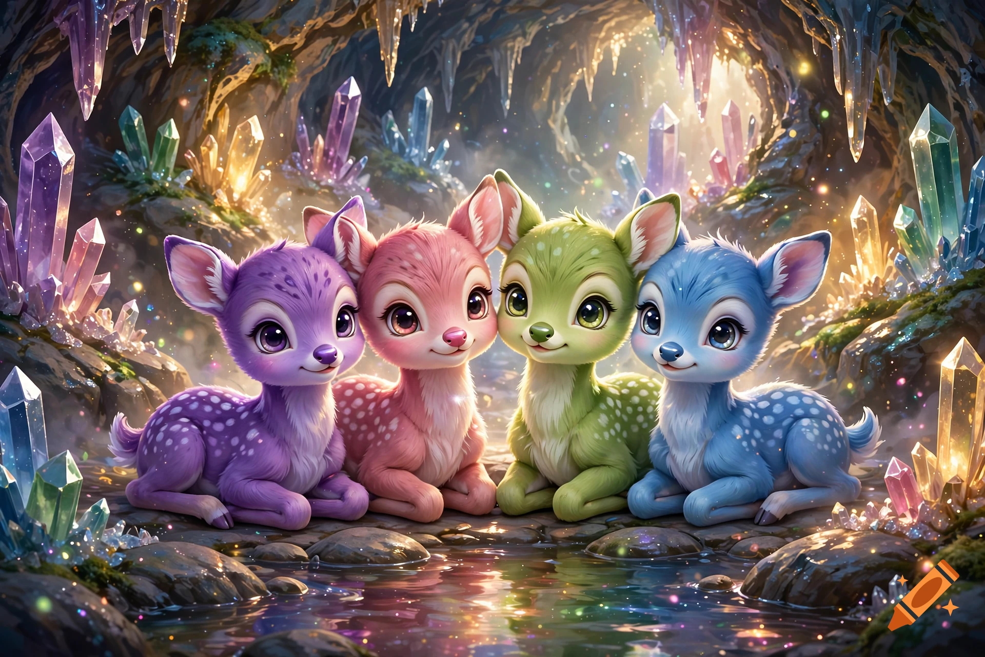 Four colorful baby deers with spots sitting in a magical glowing crystal cave, digital illustration style.