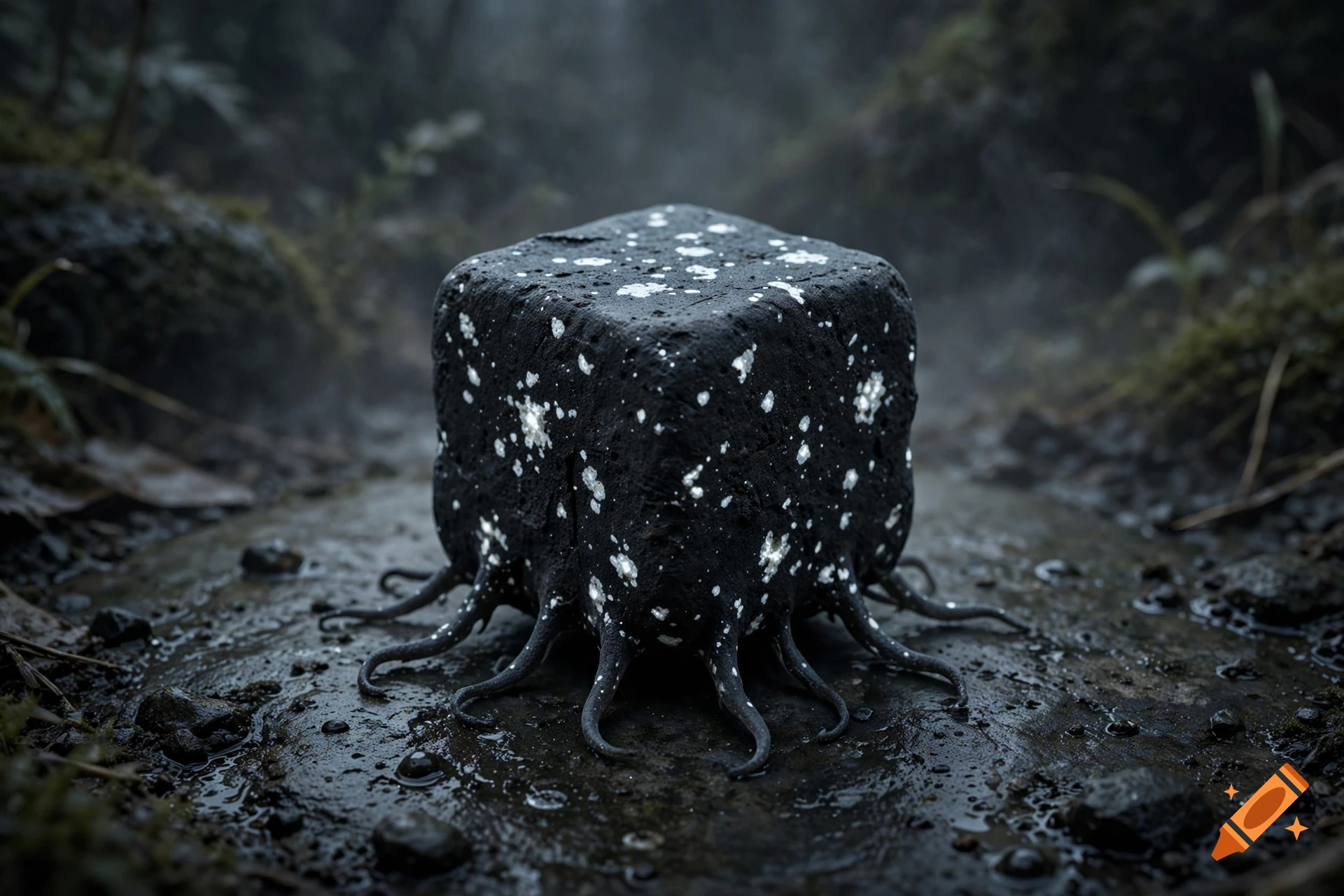 A photorealistic black cubical creature with glowing white spots and small tentacles resting on wet stones in a misty forest.