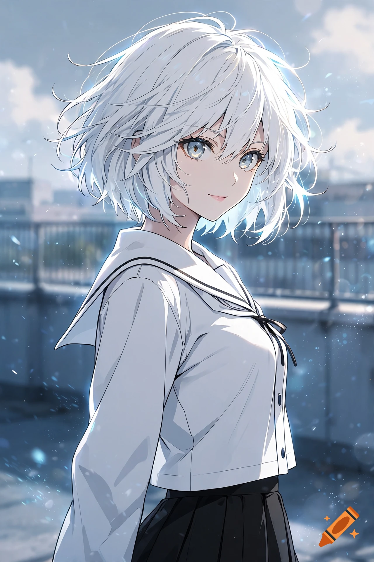 Anime style illustration of a smiling girl with short white hair and blue eyes, wearing a white sailor school uniform against an outdoor urban background.