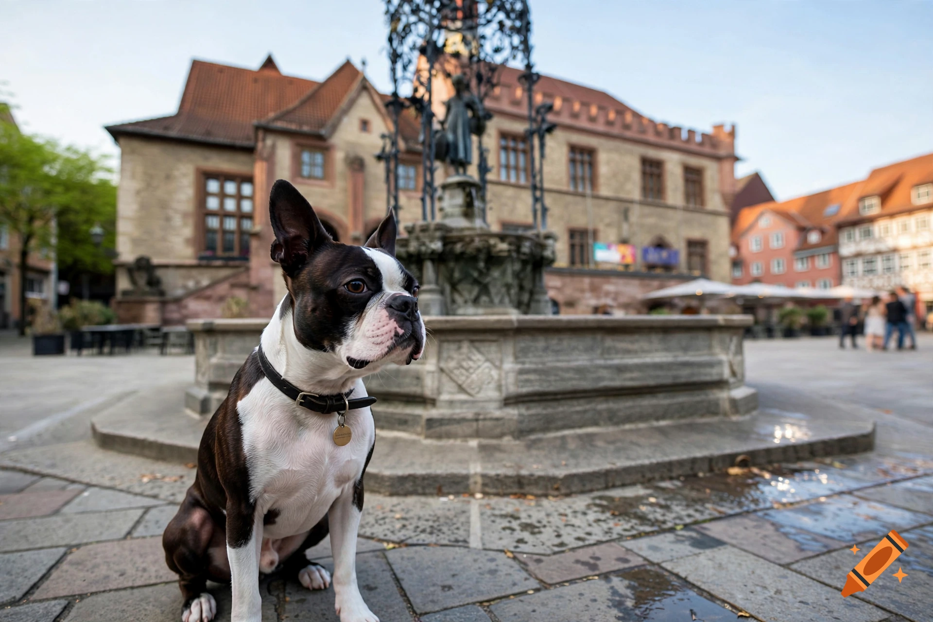 Photorealistic image of a Boston terrier sitting on a cobblestone plaza in front of a fountain and historic buildings.