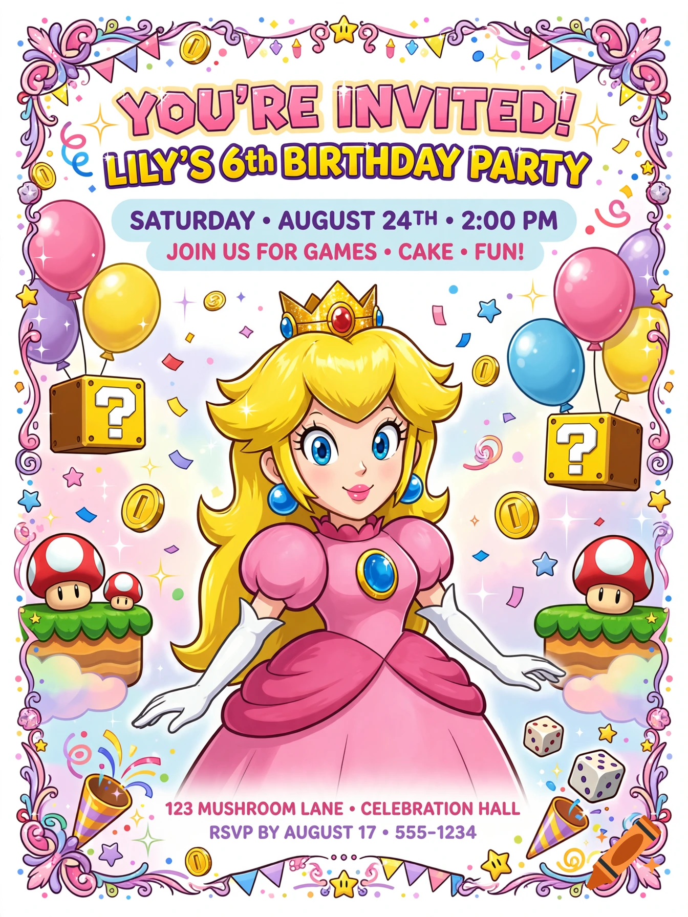 A colorful Mario-themed birthday party invitation featuring Princess Peach surrounded by balloons, mushrooms, and coins in a cartoon style.
