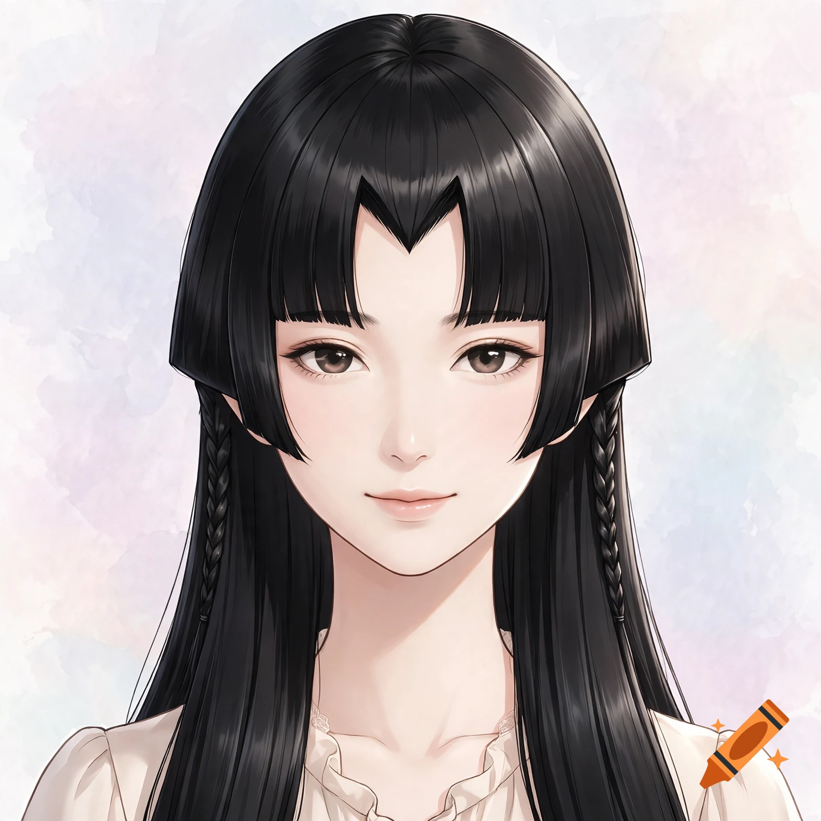 Digital illustration portrait of an anime girl with long black hair, hime cut, M-shaped bangs, and braided side strands.
