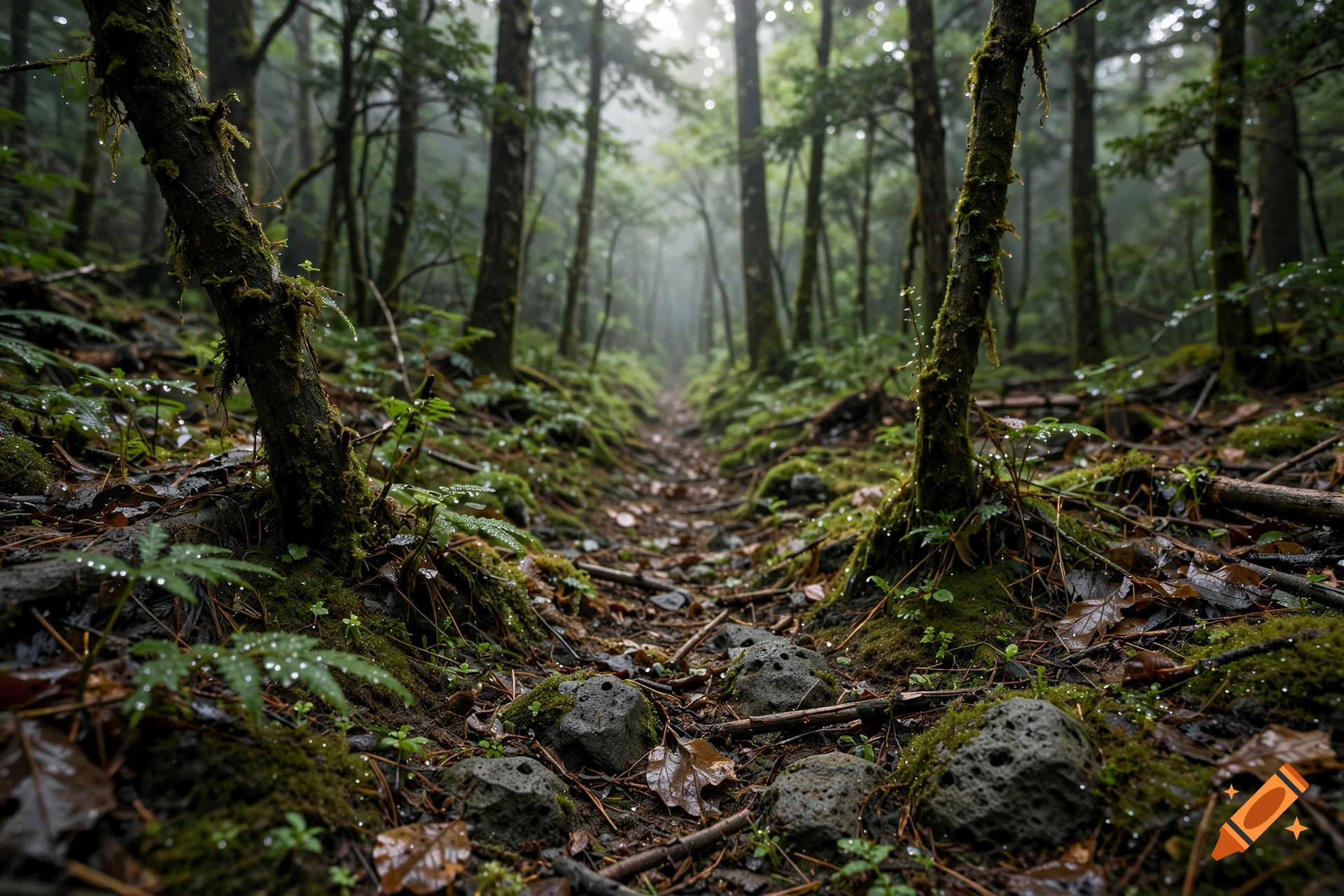 Photorealistic view of a misty forest path surrounded by mossy trees and wet rocks.