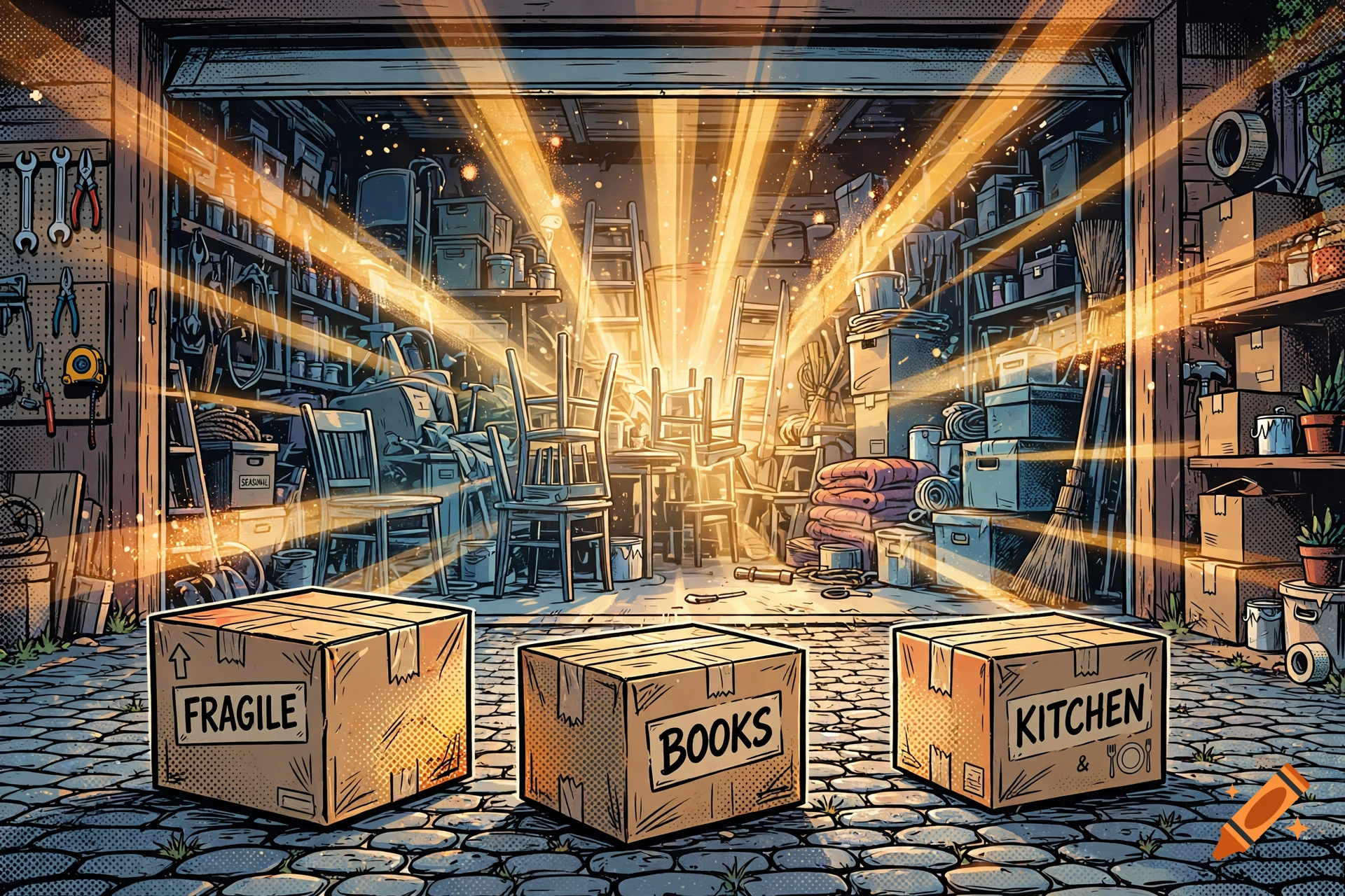 Comic-style illustration of an open garage with moving boxes labeled Fragile, Books, and Kitchen in the cobblestone driveway.