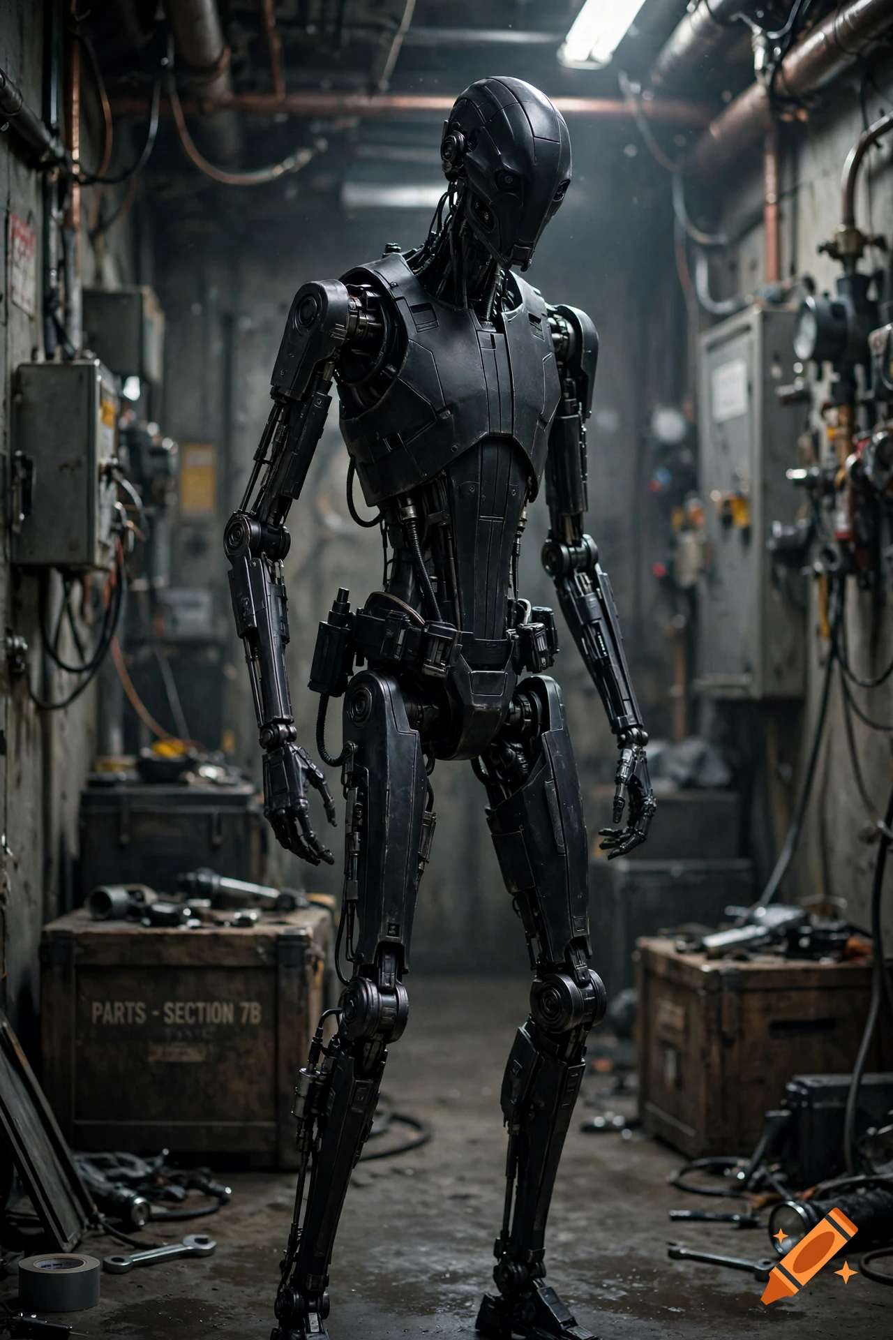 Photorealistic image of a sleek, black class 4 droid standing in a dimly lit industrial room with tools and equipment.