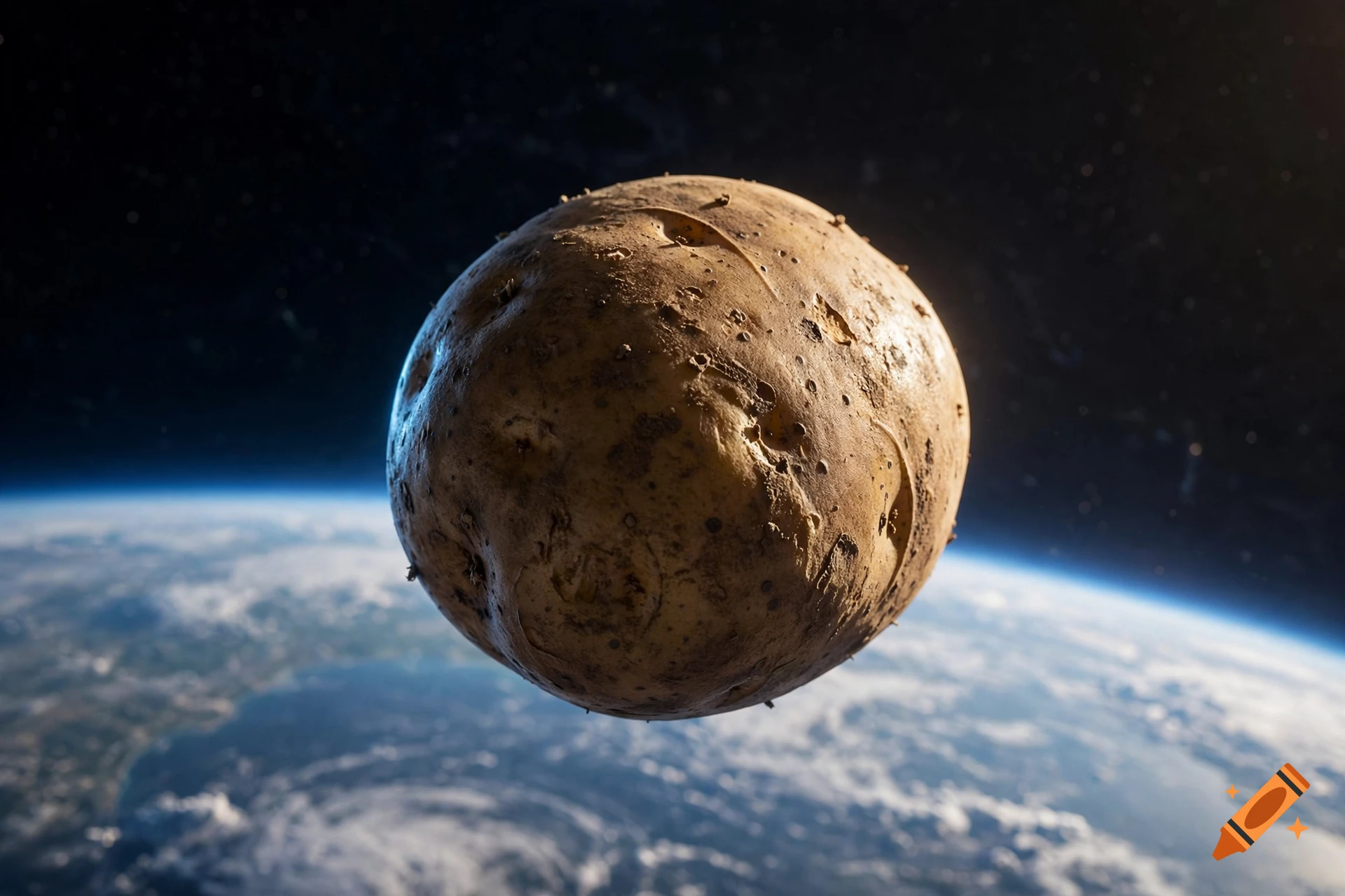 Photorealistic image of a large potato orbiting Earth in deep space.