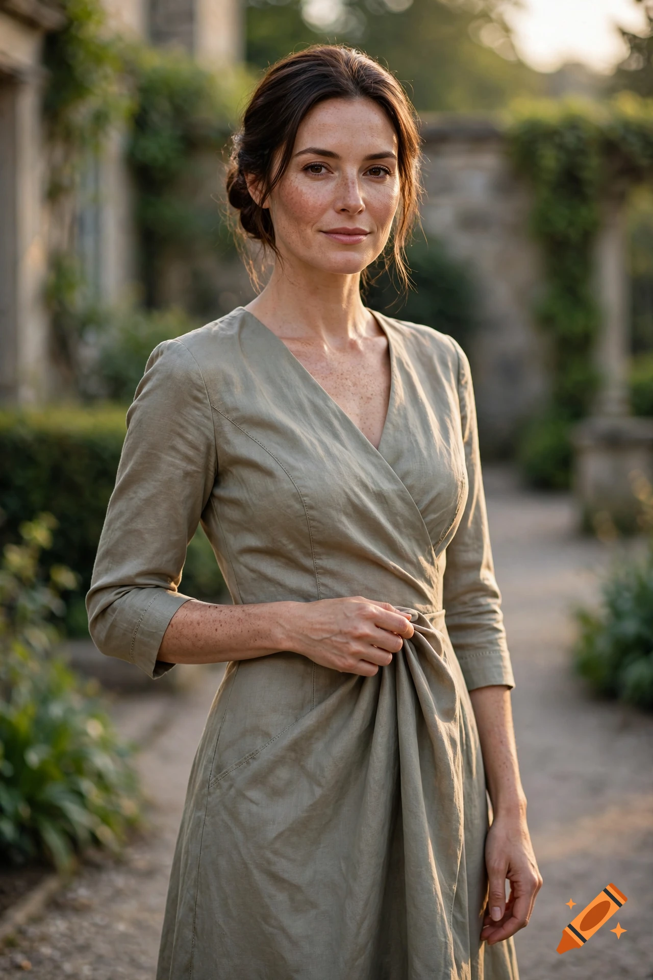 Photorealistic portrait of a woman in a green wrap dress outdoors in a courtyard.