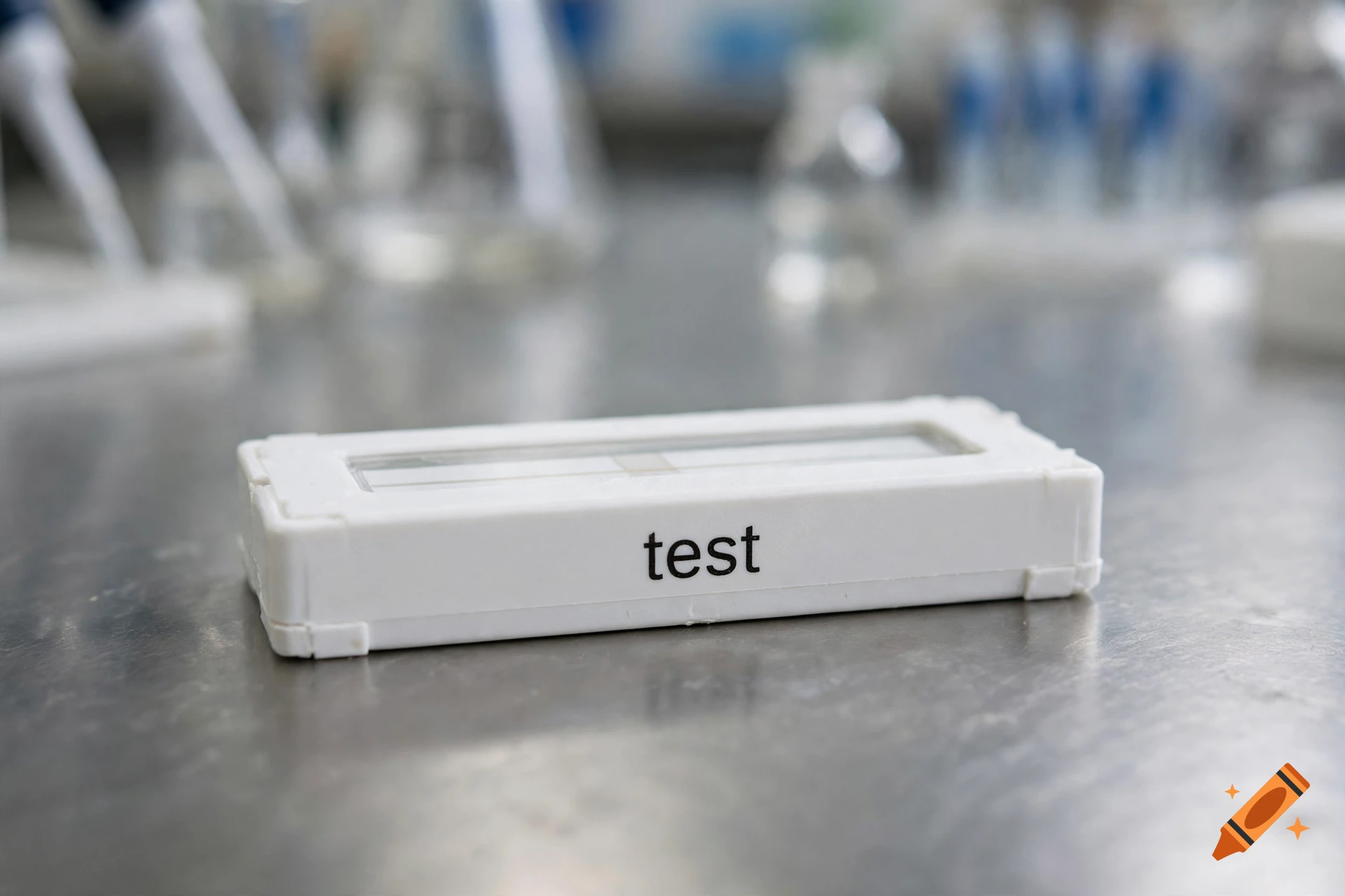 Close-up of a white plastic medical test kit on a metal laboratory table with glassware in the background.