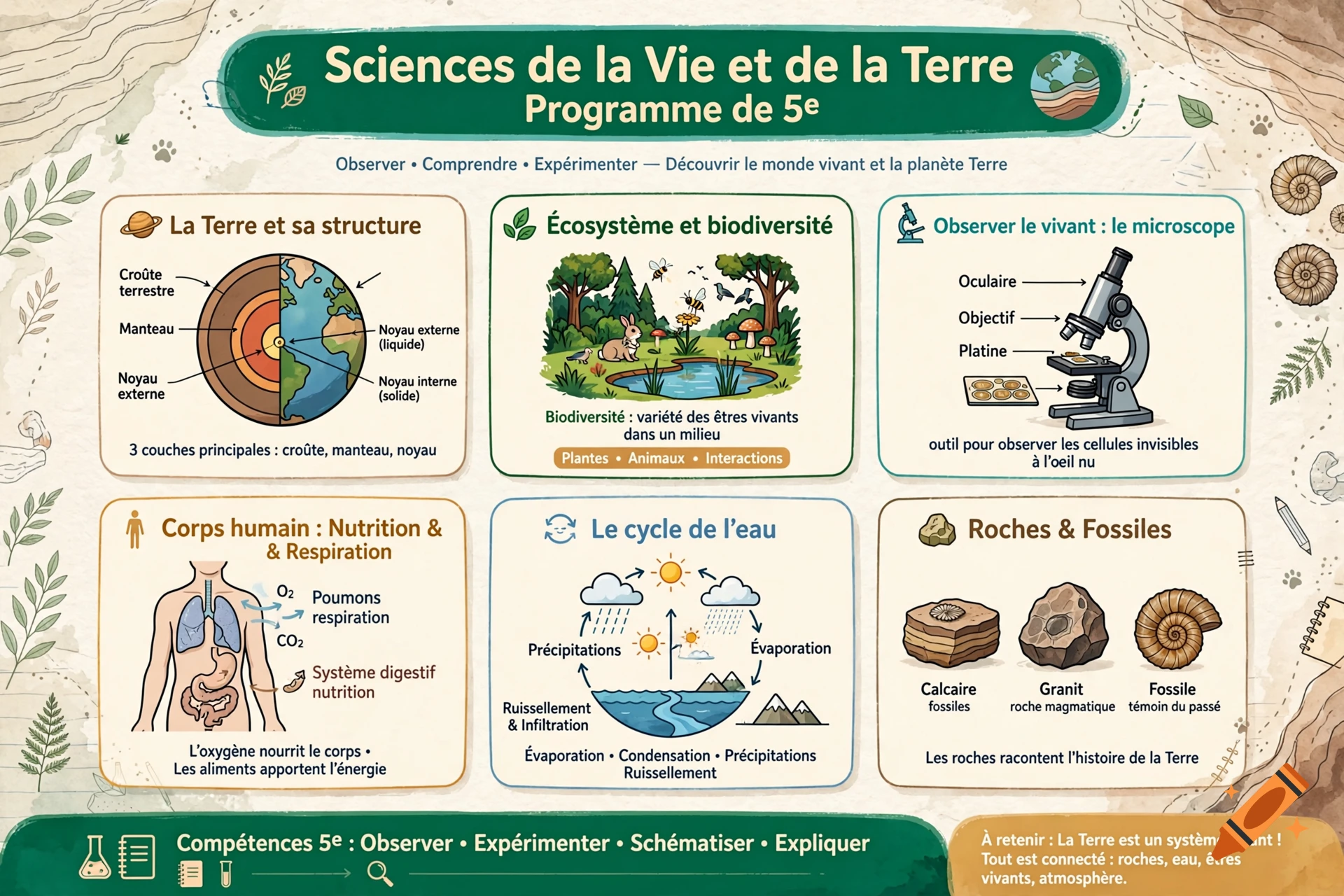 Educational infographic page about Life and Earth Sciences for 5th grade with diagrams, illustrations, and French text.