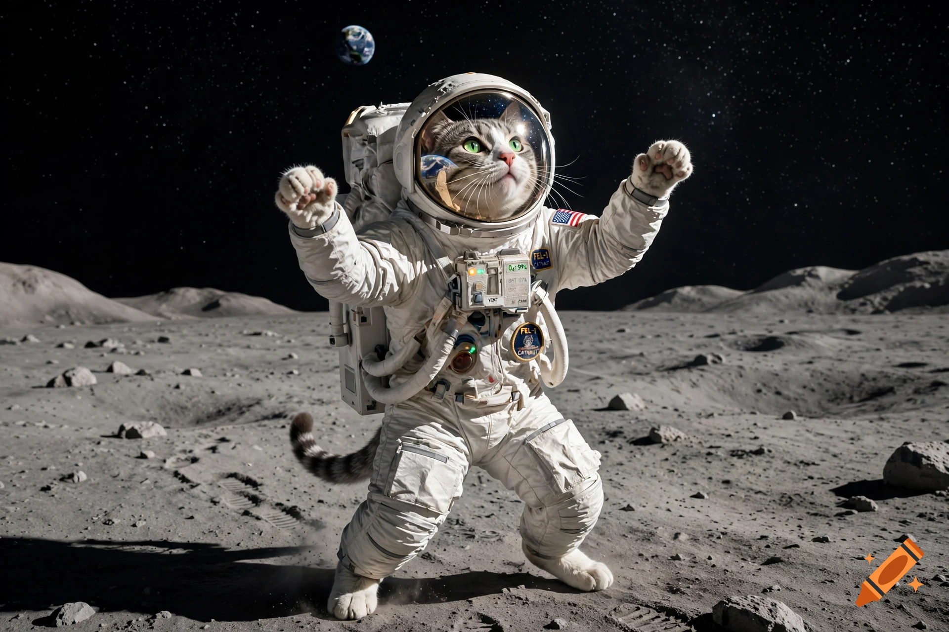 Photorealistic image of a cat in a spacesuit dancing on the Moon's surface with Earth visible in the starry sky.