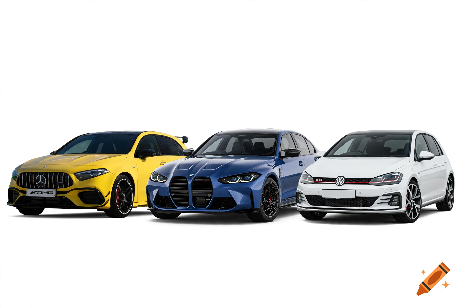 Three cars parked side by side against a white background: a yellow Mercedes AMG, a blue BMW M3, and a white Volkswagen Golf.