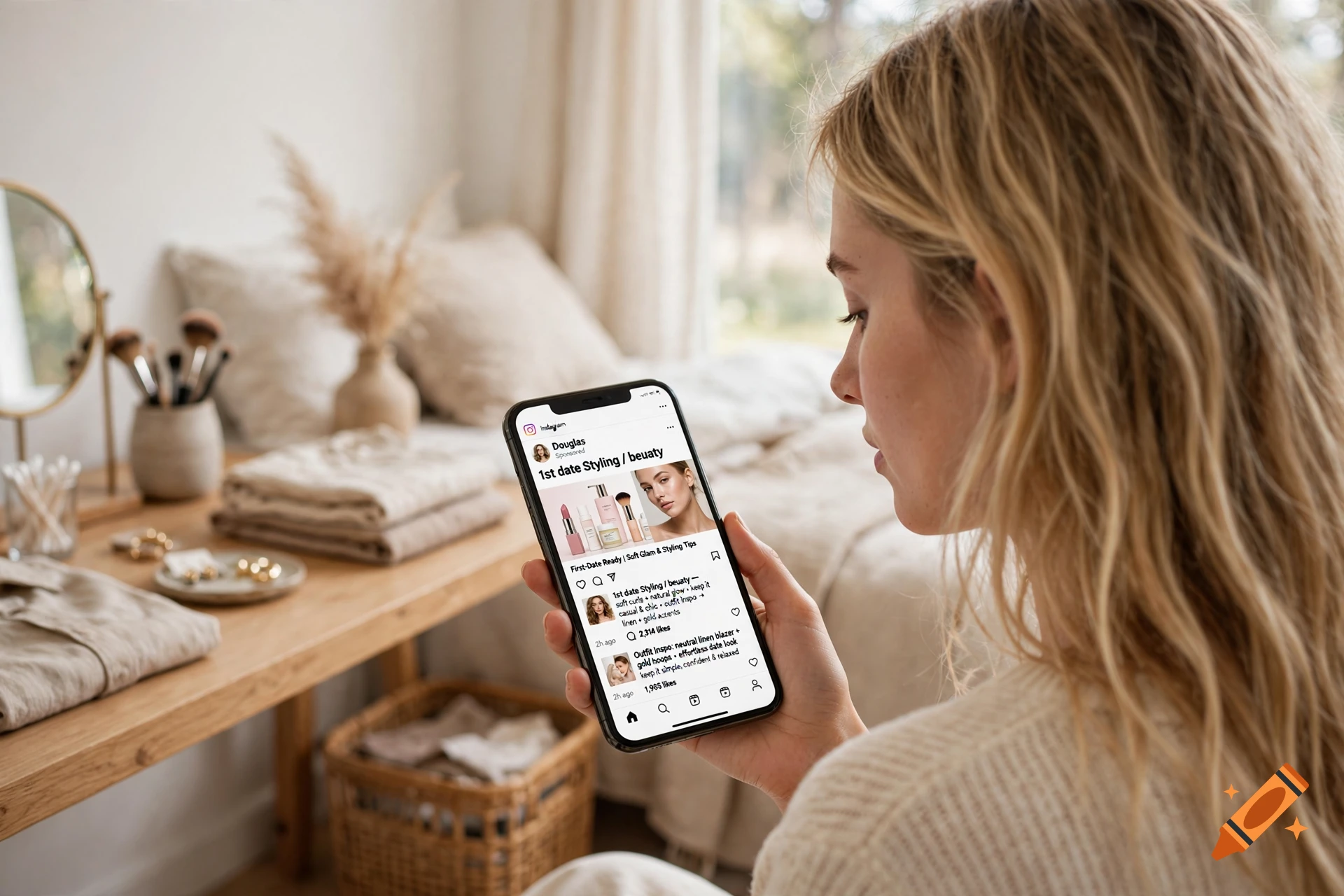 A blonde woman in a cozy room looking at an Instagram profile on her smartphone.