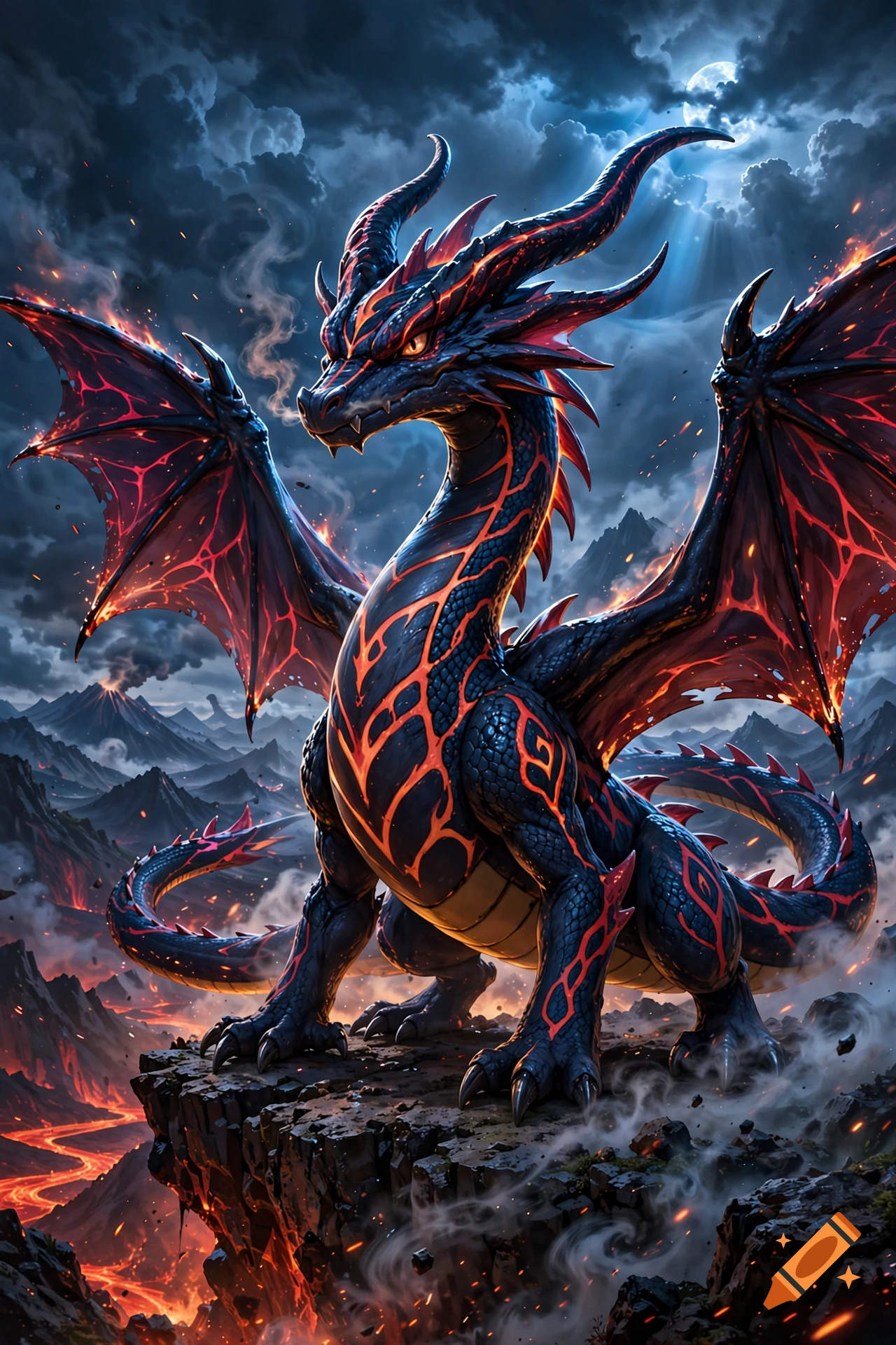 A detailed digital illustration of a majestic black dragon with glowing red cracks and wings perched on a rocky cliffside under a dark, cloudy night sky with volcanoes in the background.