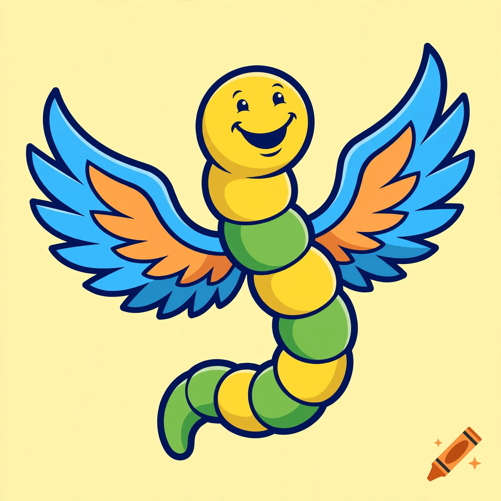 Cartoon illustration of a smiling yellow and green segmented worm with blue and orange bird wings against a light yellow background.