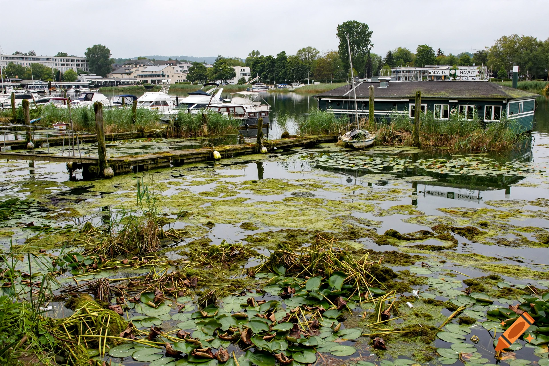 A photograph of Schiersteiner Hafen in Wiesbaden with the water surface overgrown with aquatic plants.