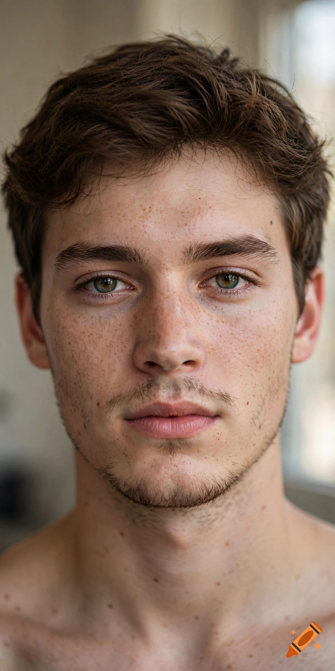 Close-up photorealistic portrait of a young man with brown hair, green eyes, and freckles.