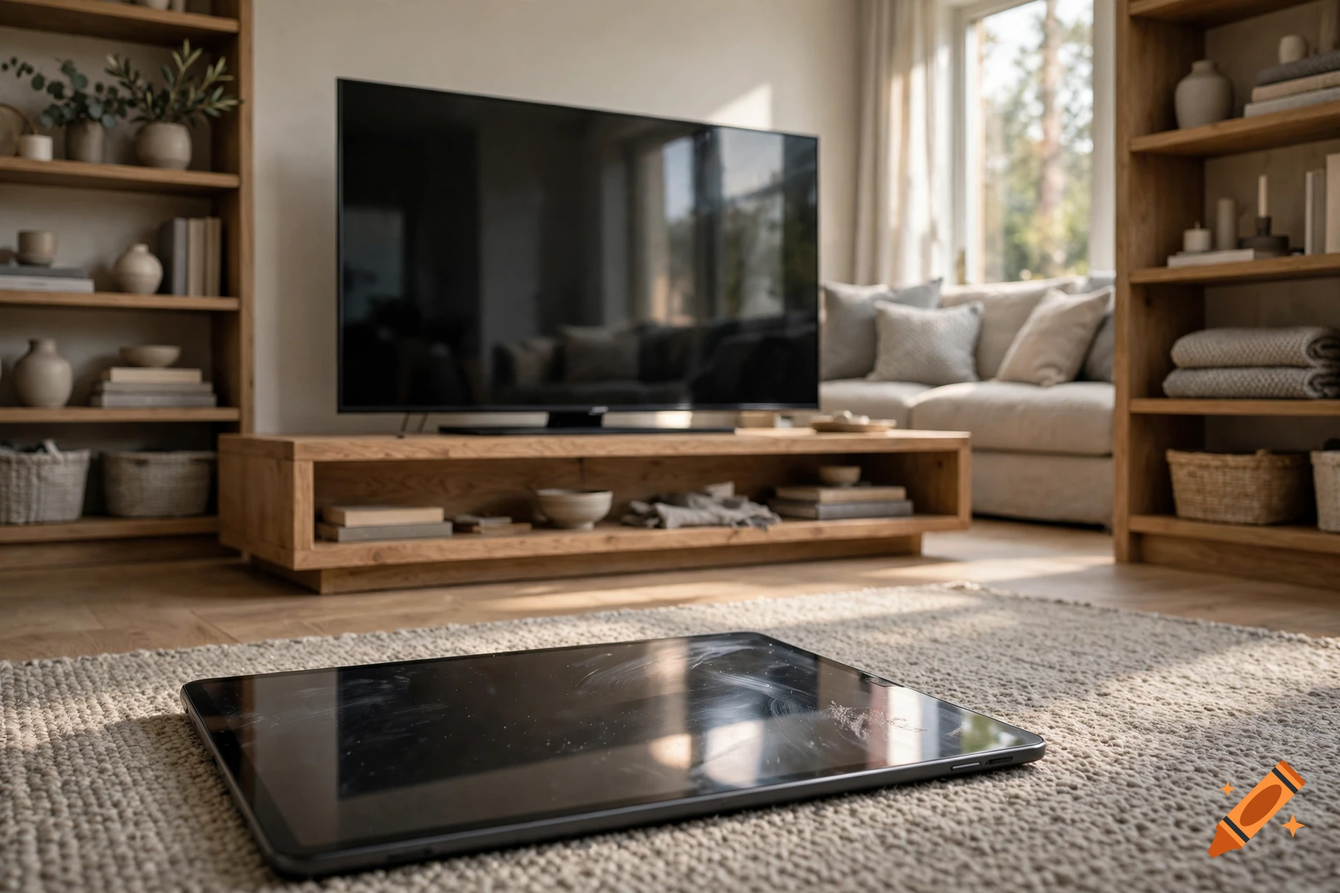 Photorealistic living room with a large TV in the background and a tablet lying on the carpet in the foreground.