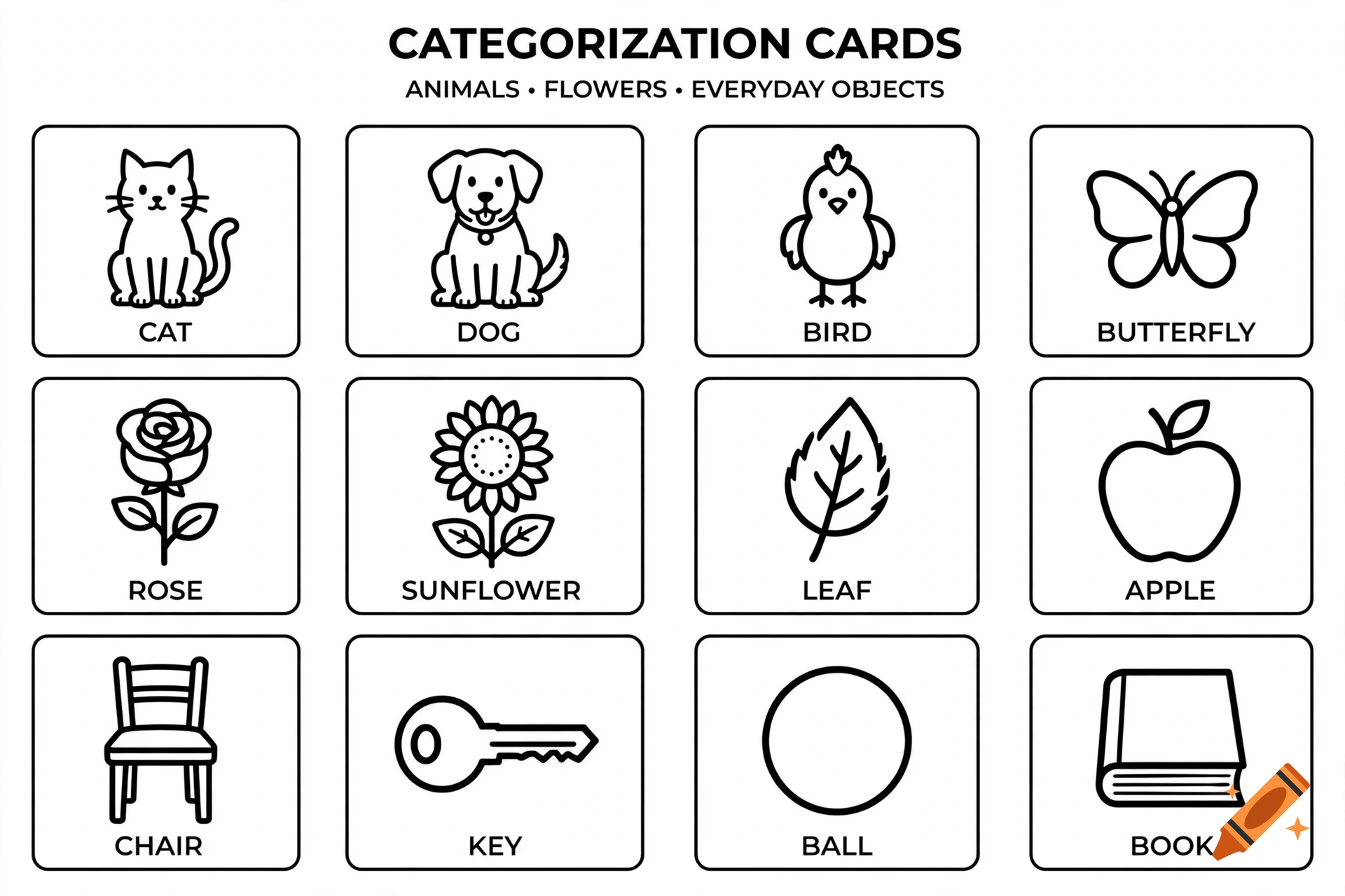 Categorization cards featuring simple black and white outline drawings of animals, flowers, everyday objects, and their labels.