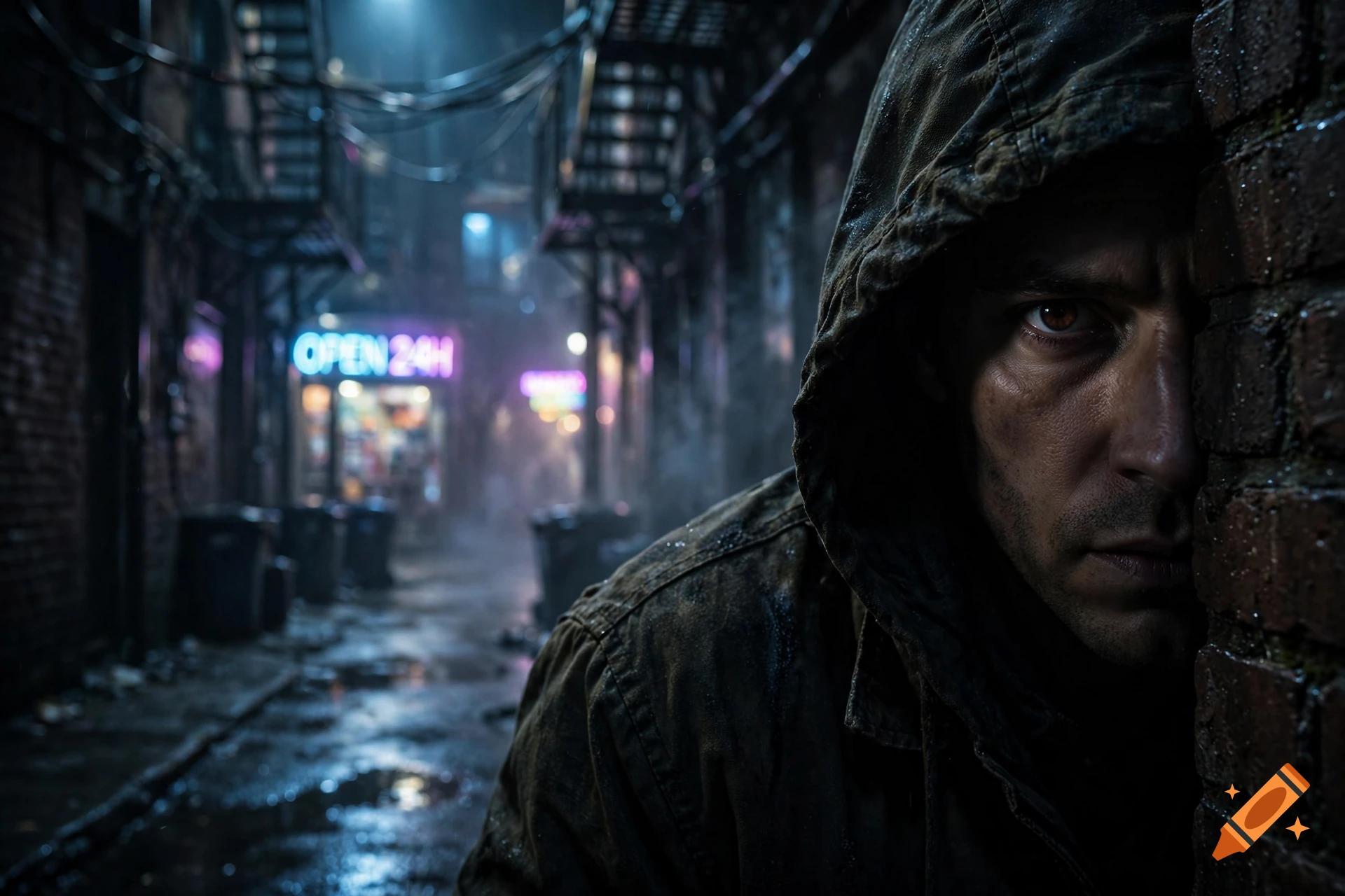 Close-up photorealistic image of a man in a hood hiding in a dark, wet alleyway with a neon sign in the background.