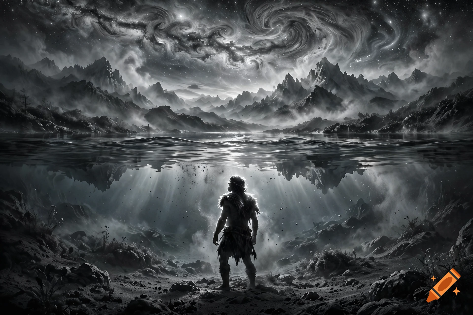 Black and white fantasy illustration of a caveman standing by a lake looking up at a swirling galaxy and mountains.