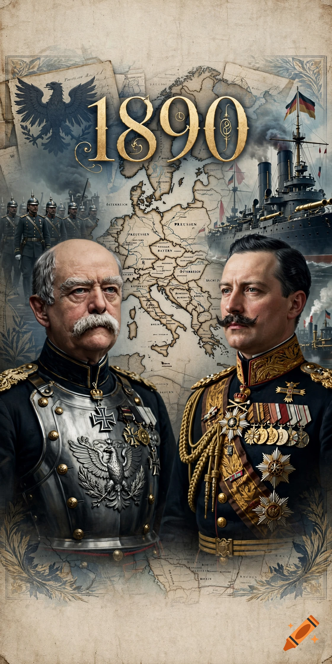 Historical portrait of Otto von Bismarck and Kaiser Wilhelm II in front of an 1890 map and a warship.