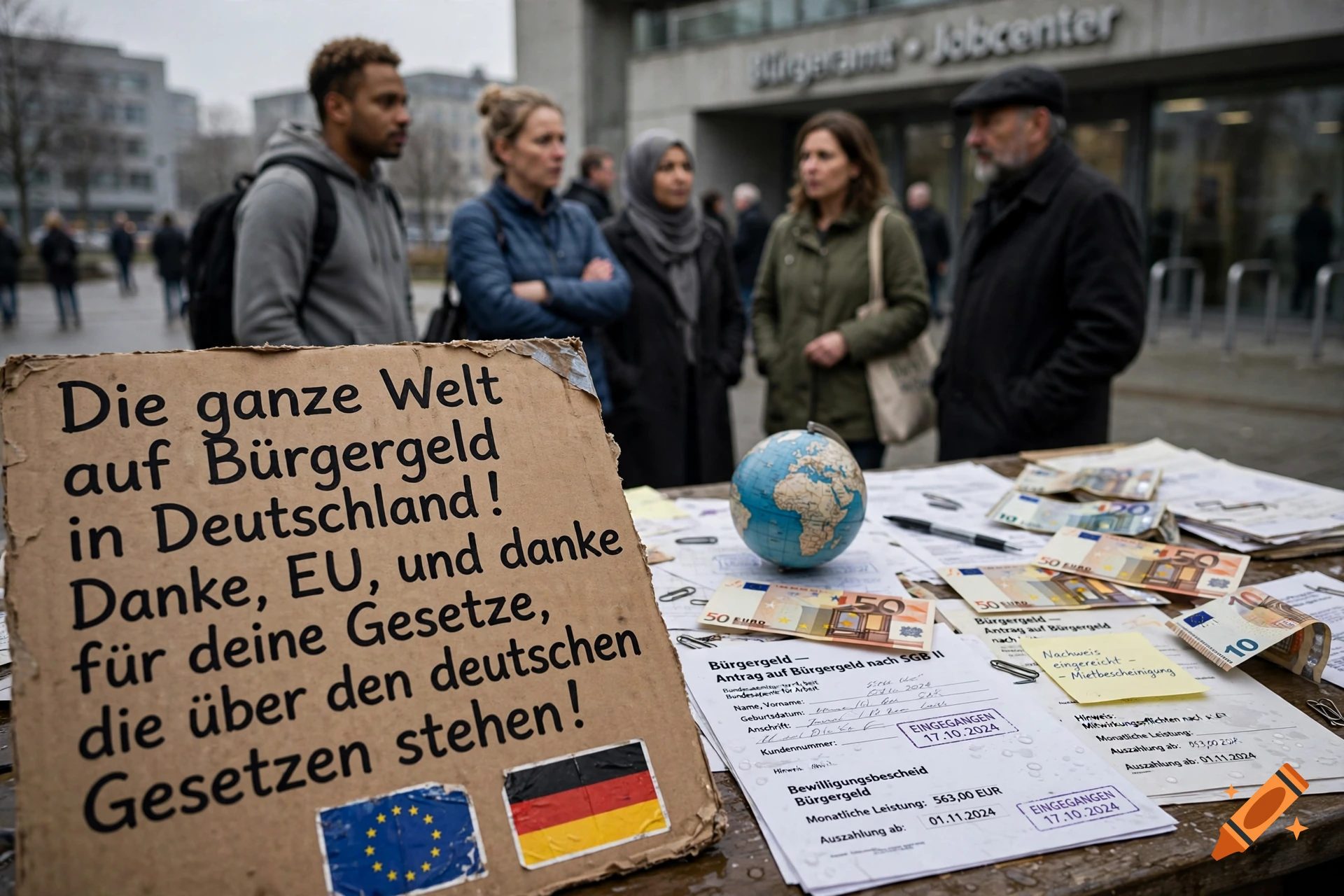 Photorealistic image of a protest sign in German regarding social welfare, with people standing in front of a government building.
