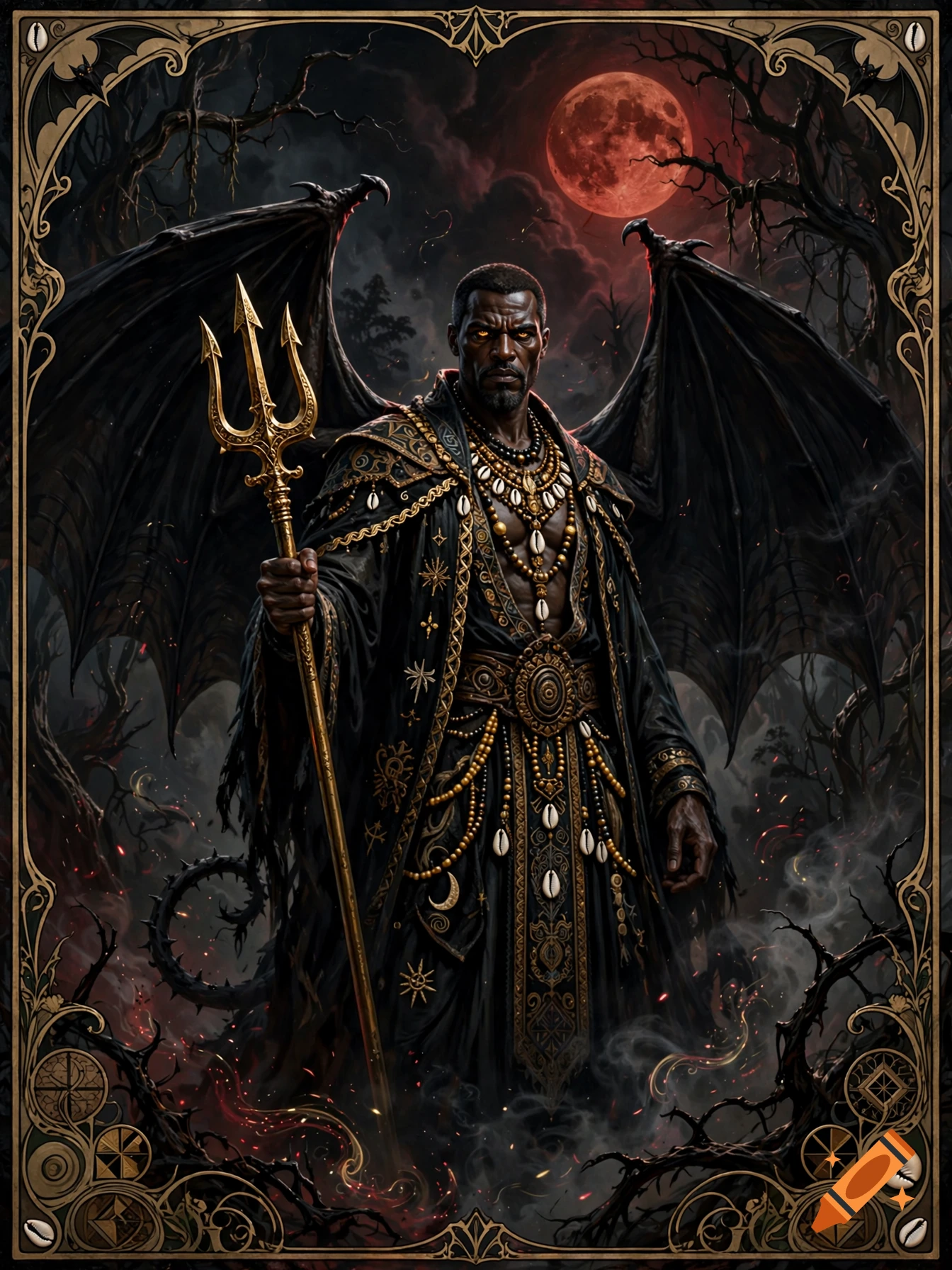 Dark fantasy art of Exu Morcego holding a trident, with large black wings and a red moon in the background, in the style of Franz Von Stuck.