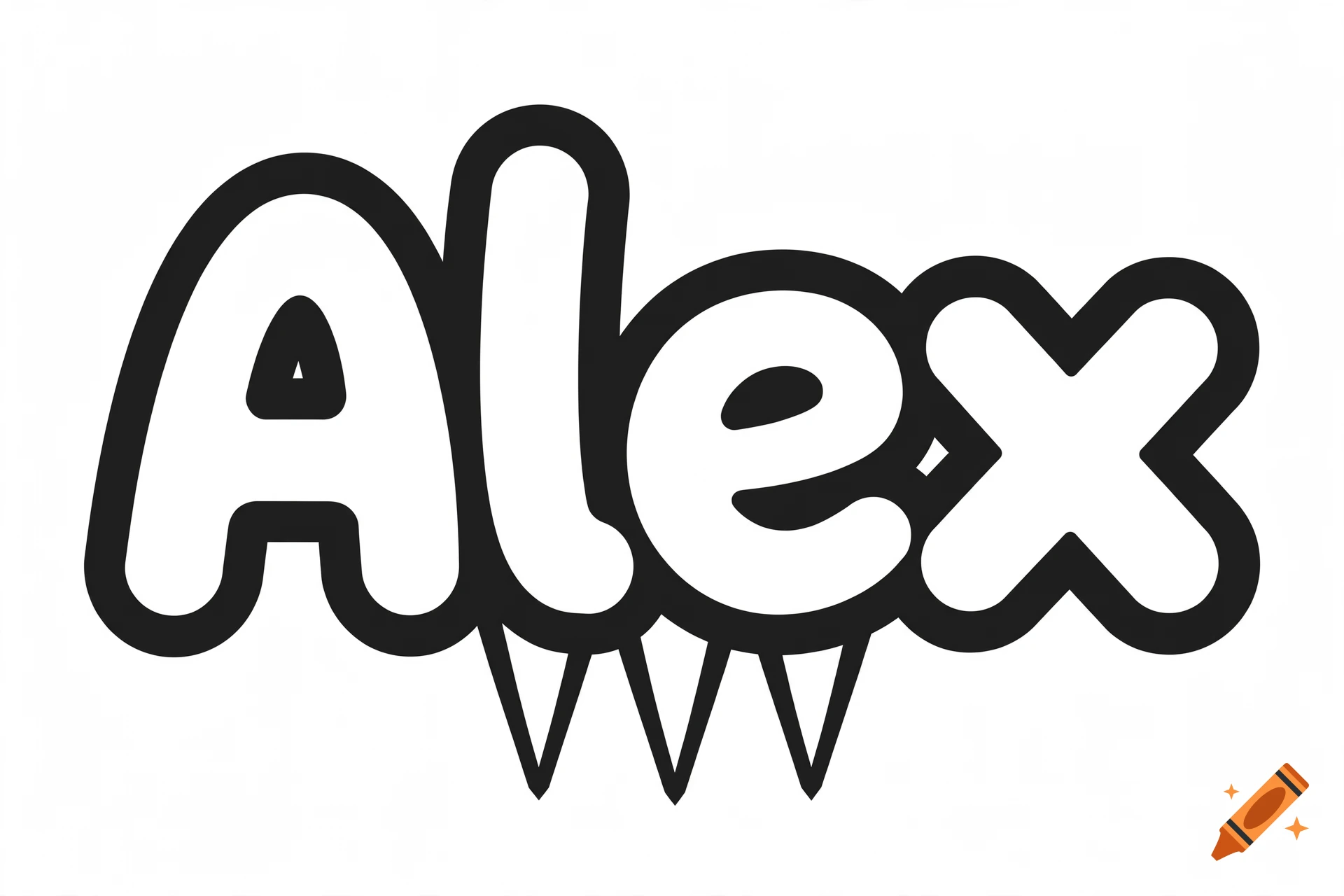 Black and white bubble letter design spelling Alex with small spikes underneath.
