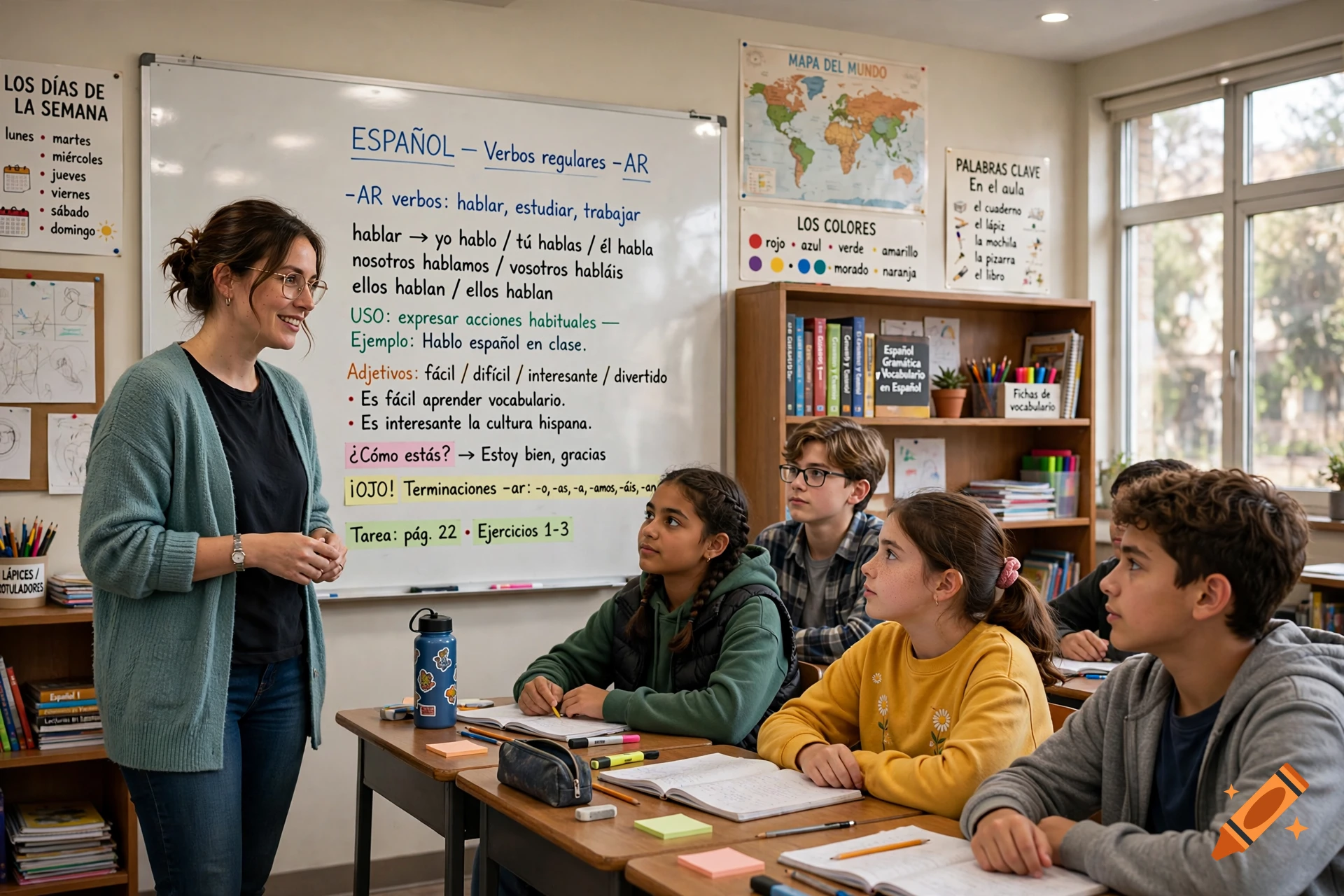 Photorealistic image of a female Spanish teacher and students in a classroom with a whiteboard displaying Spanish grammar.