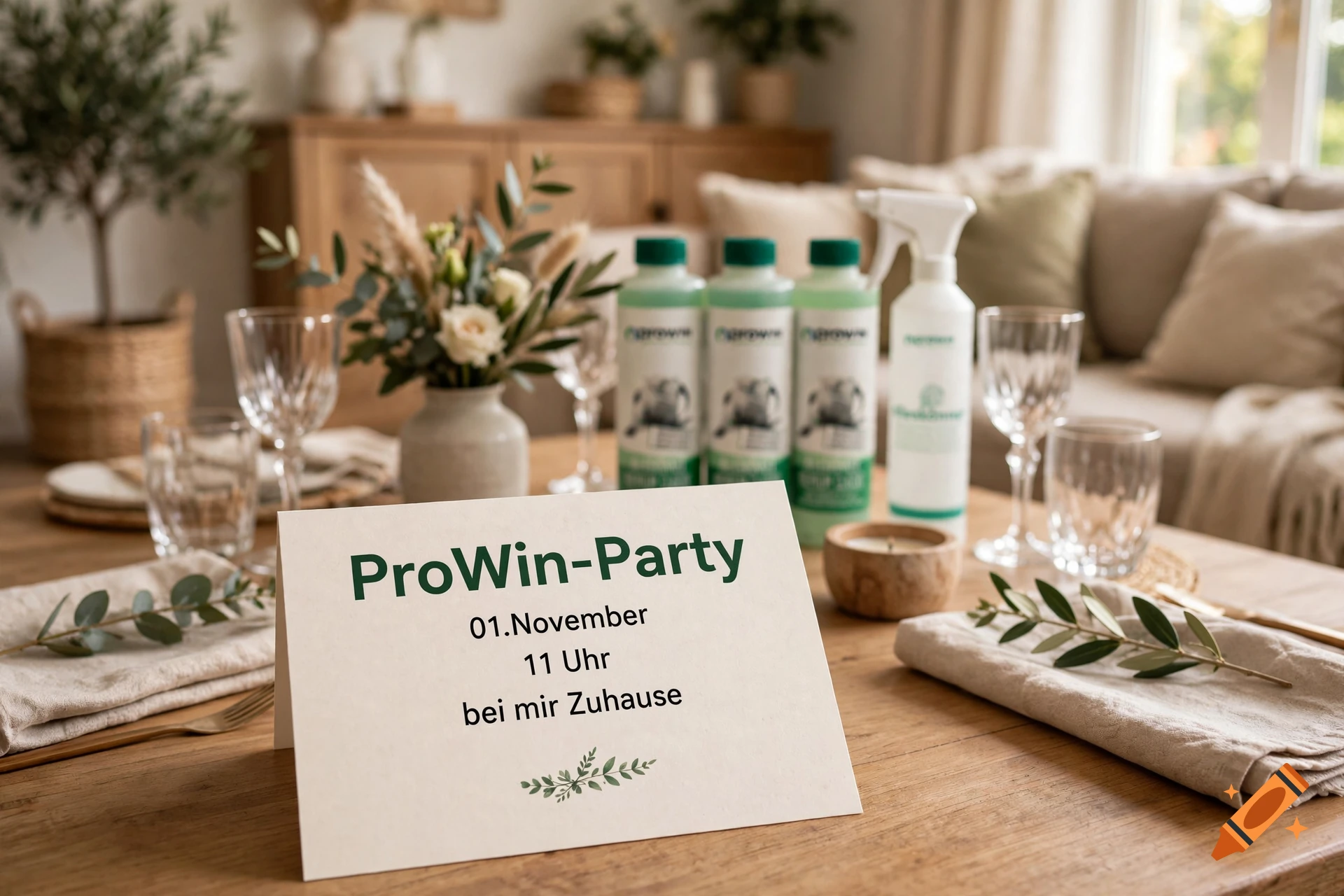 A photograph of a cozy living room table setting with an invitation card reading ProWin-Party in German, surrounded by cleaning product bottles, wine glasses, and eucalyptus branches.