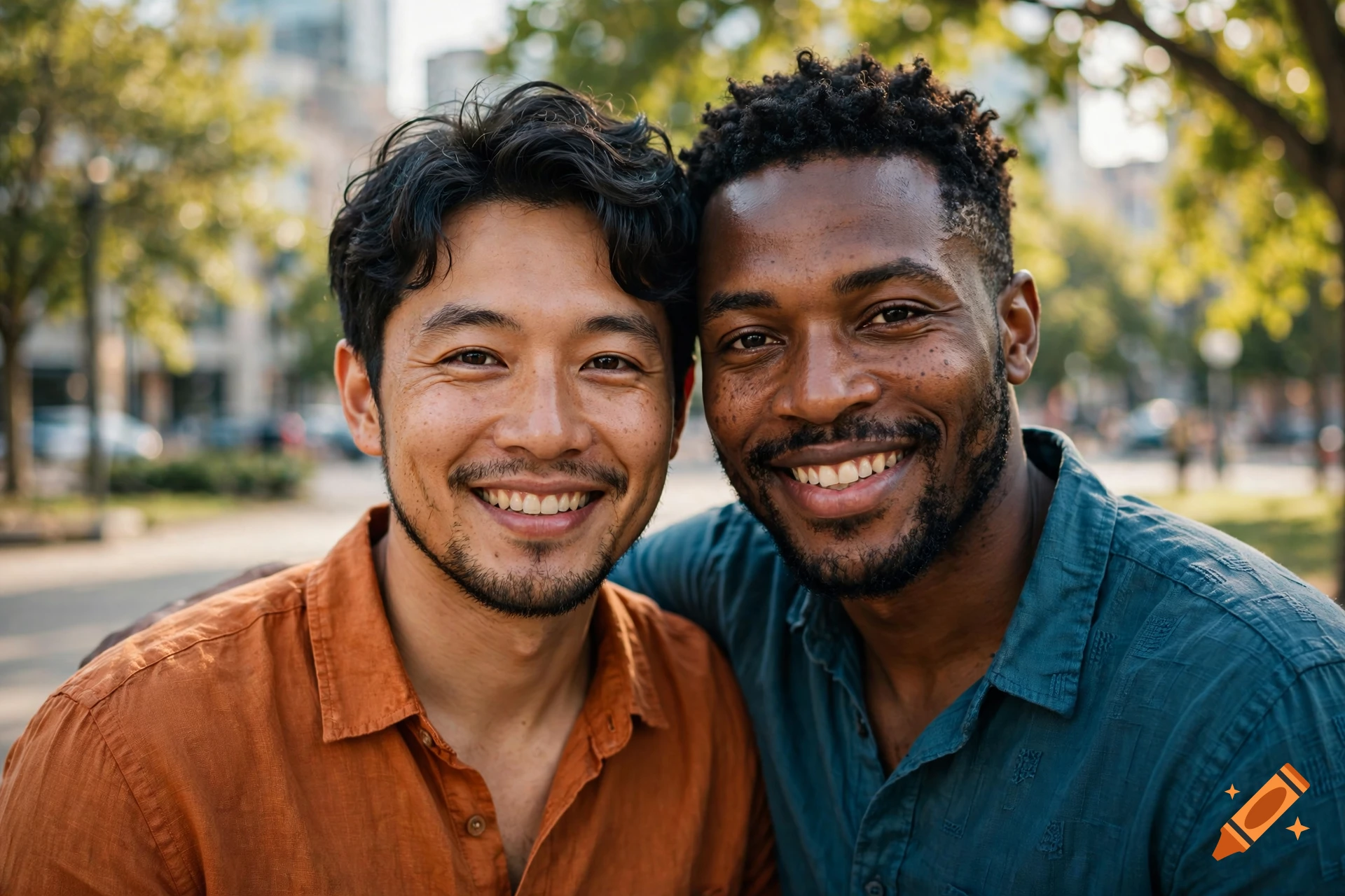 Close-up photorealistic portrait of two smiling men with their heads together outdoors.