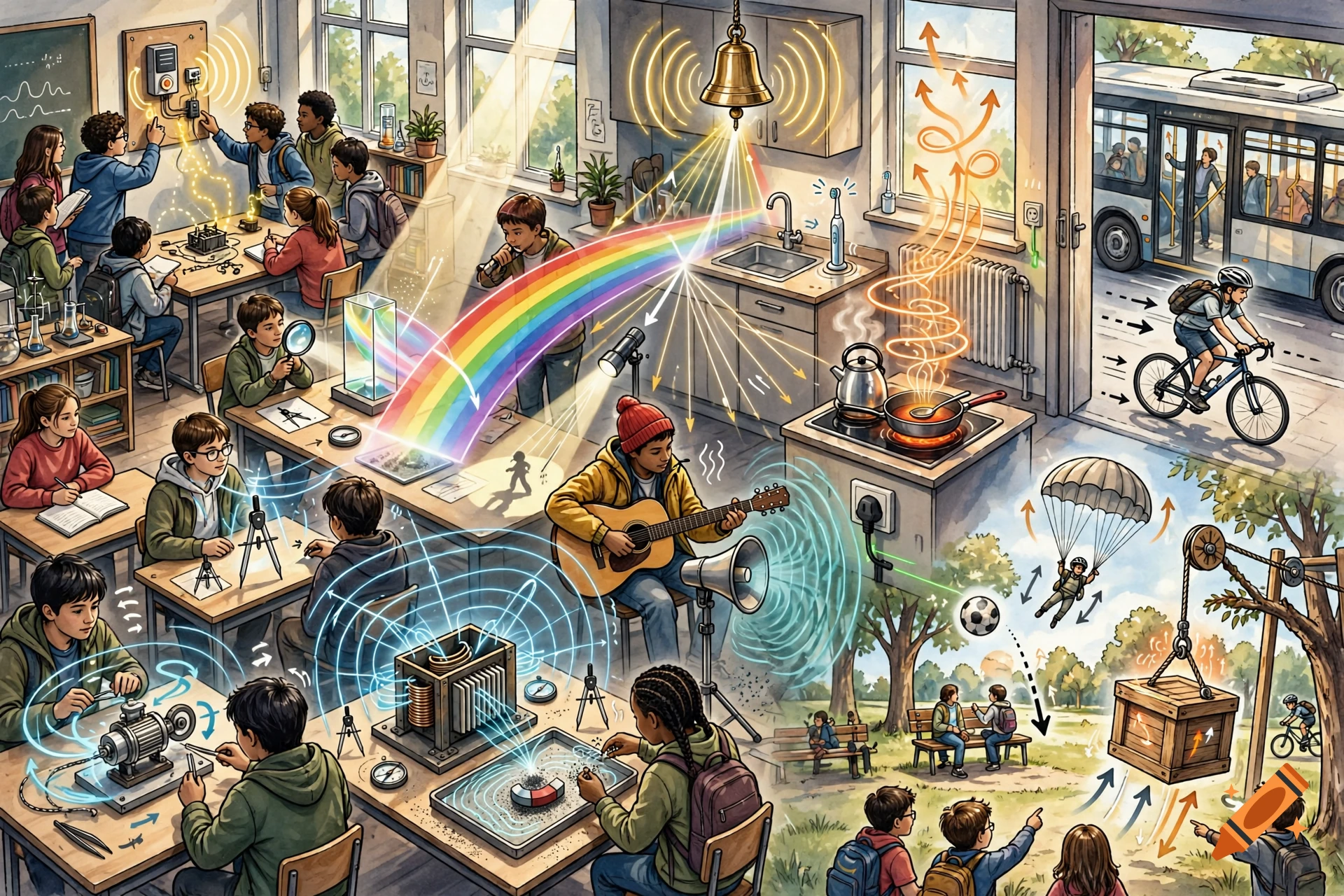Detailed cartoon illustration of a physics classroom filled with students interacting with various science experiments and everyday physics phenomena.