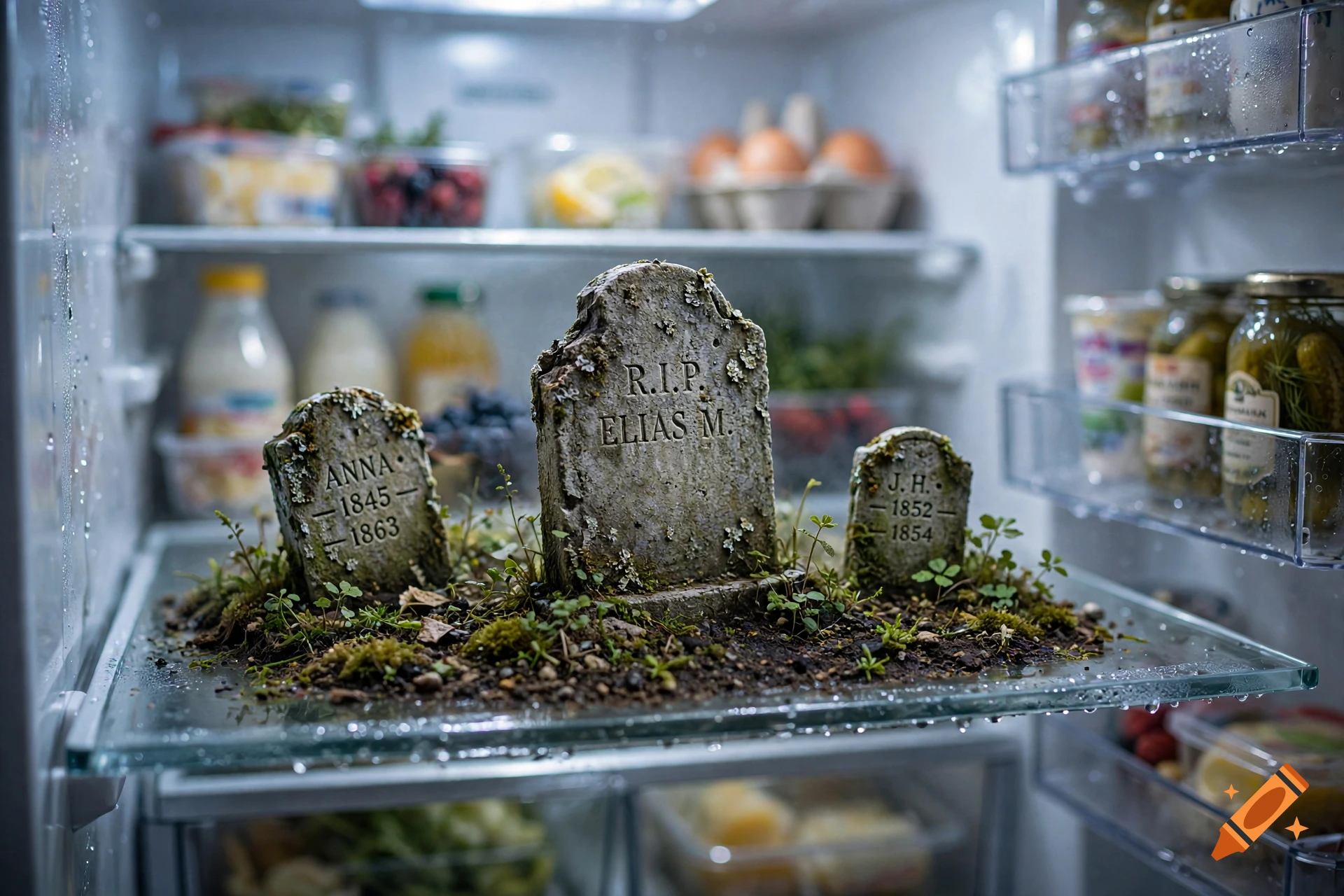 Photorealistic image of three small mossy tombstones with legible names and dates, placed on a glass shelf inside a refrigerator.
