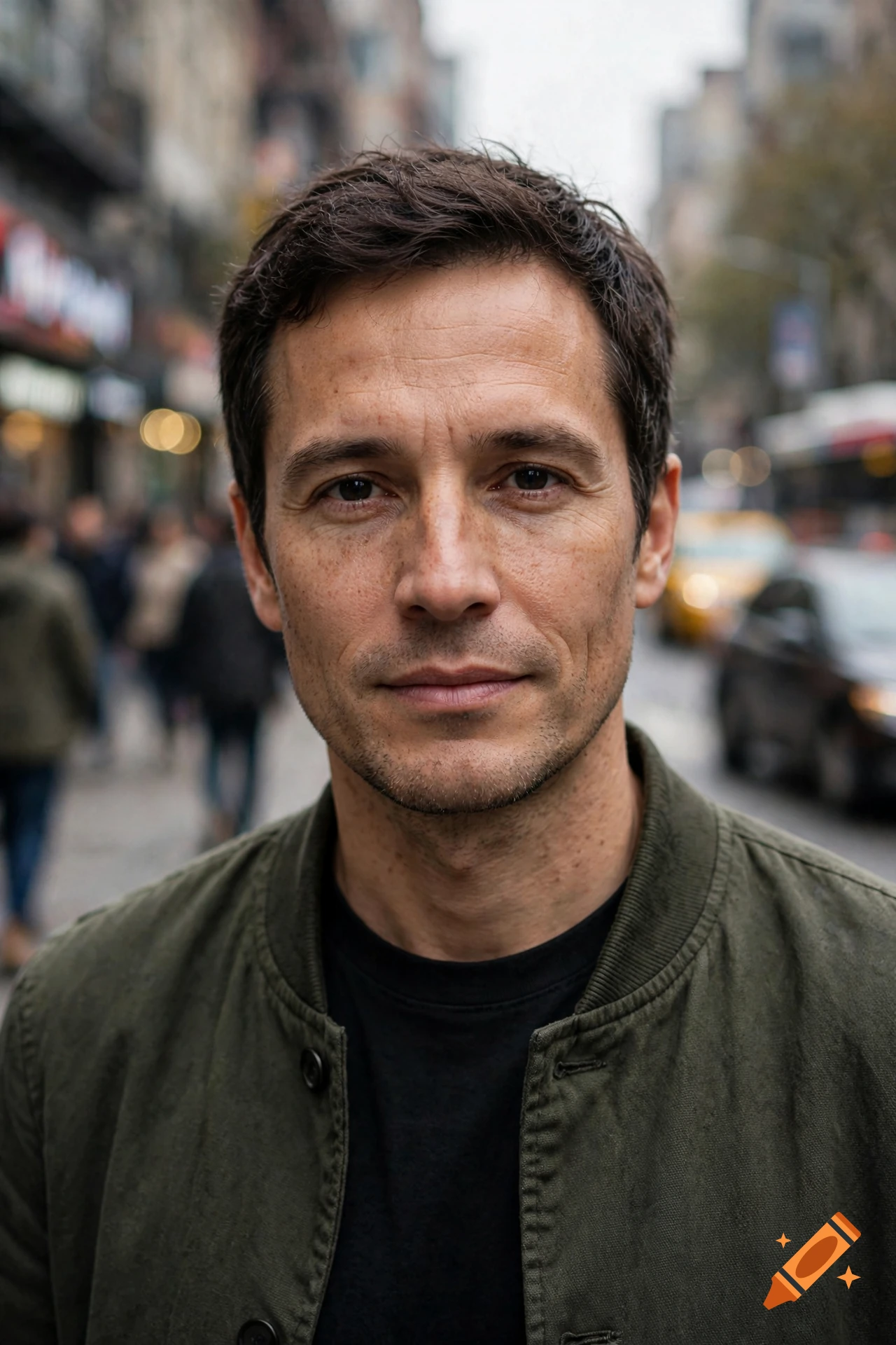 Close-up photorealistic portrait of a middle-aged man with dark hair and a jacket on a busy city street.