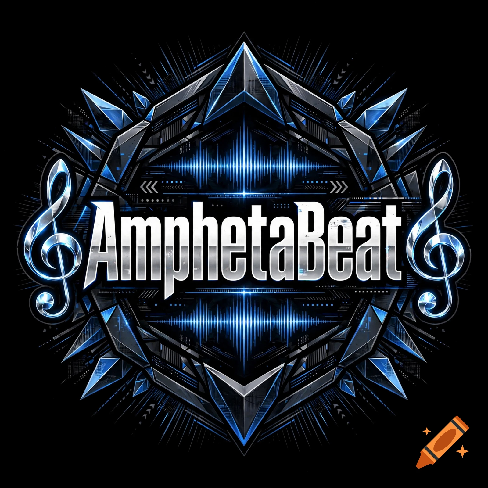 A black and blue logo with metallic elements, musical notes, and the text AmphetaBeat.
