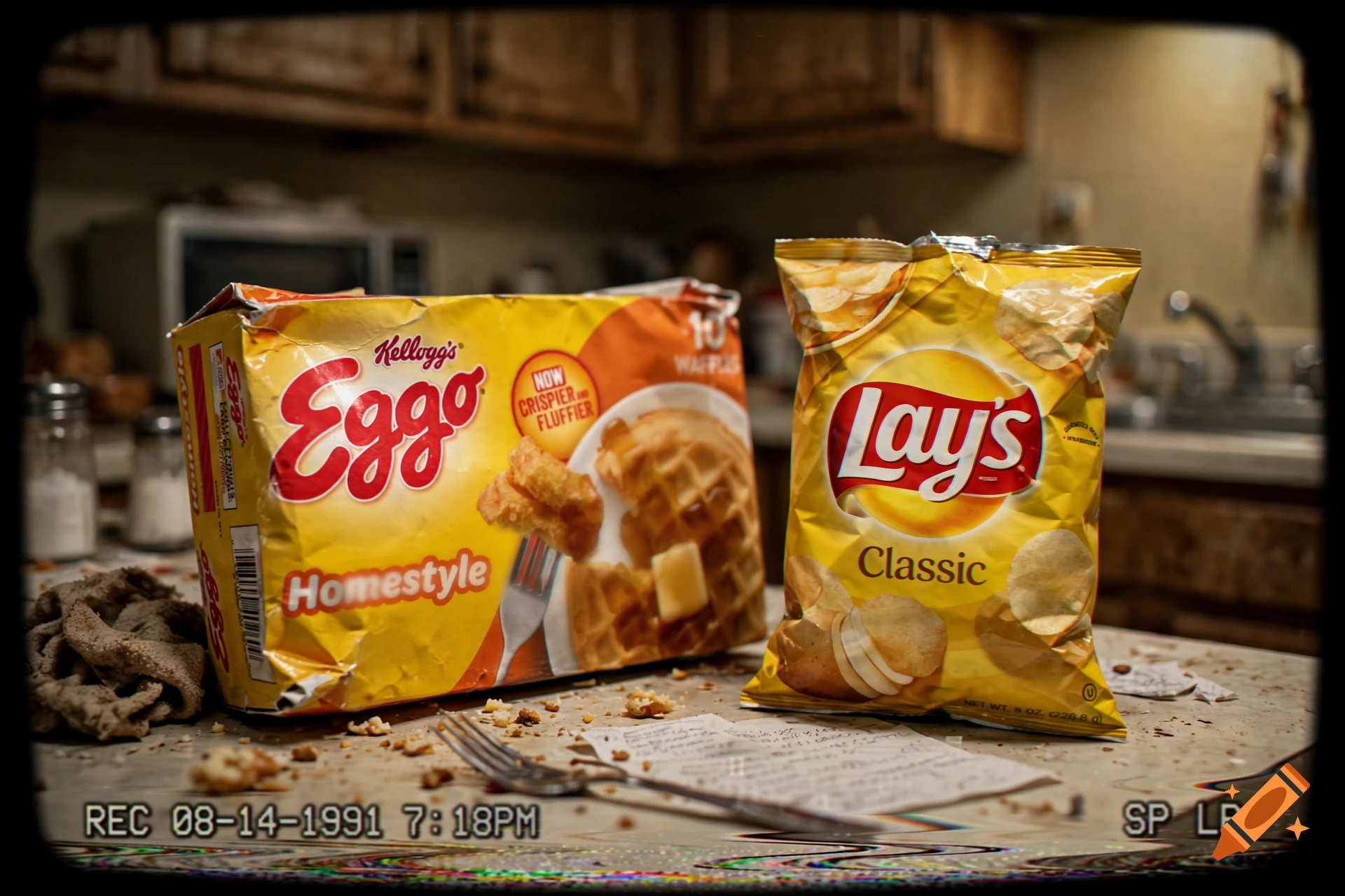 An aged, VHS-style still life photograph of an Eggo waffle box and a Lay's potato chip bag on a cluttered kitchen counter.
